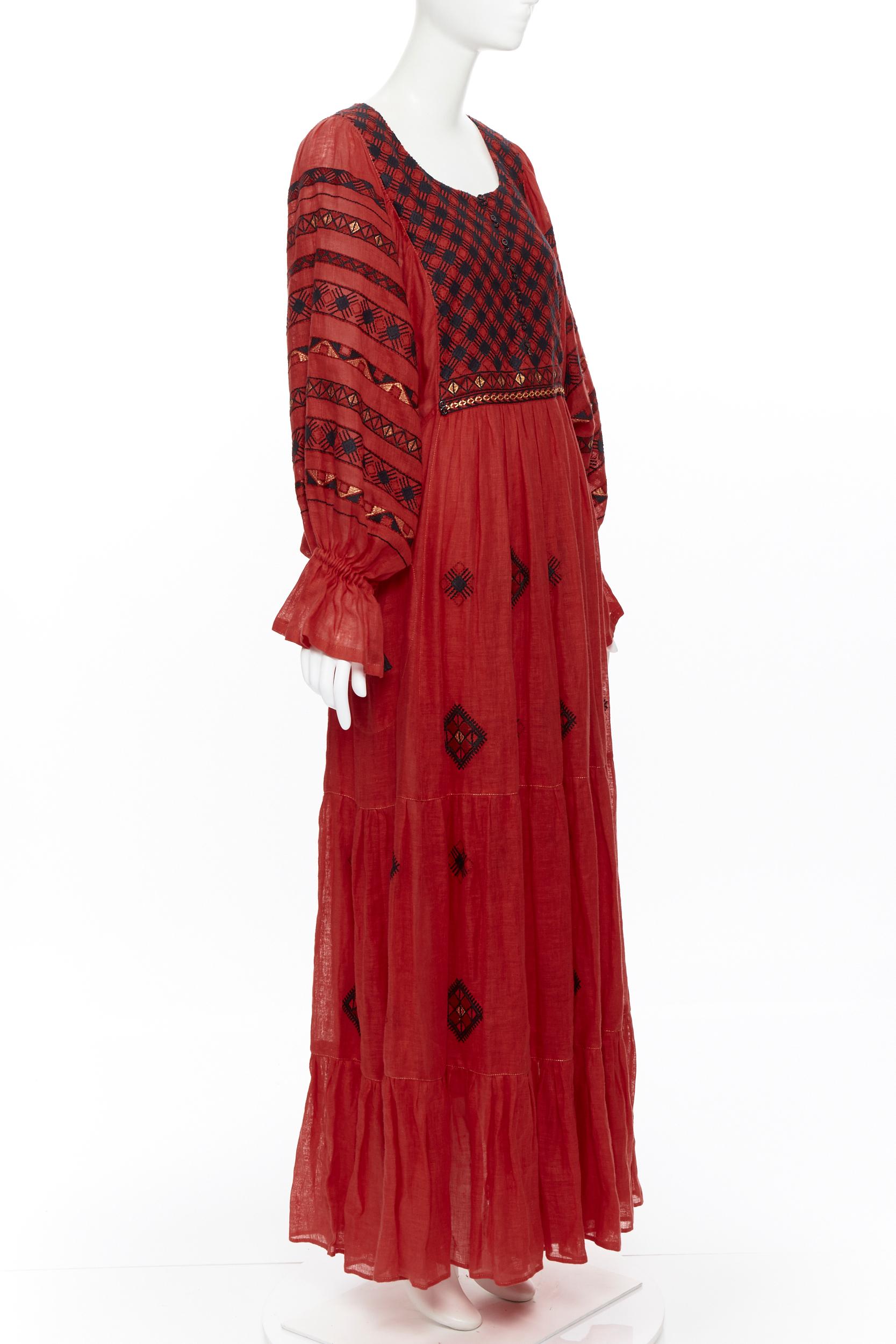 Red new VITA KIN red Vyshyvanka embroidery bohemian folk bubble sleeve maxi dress S