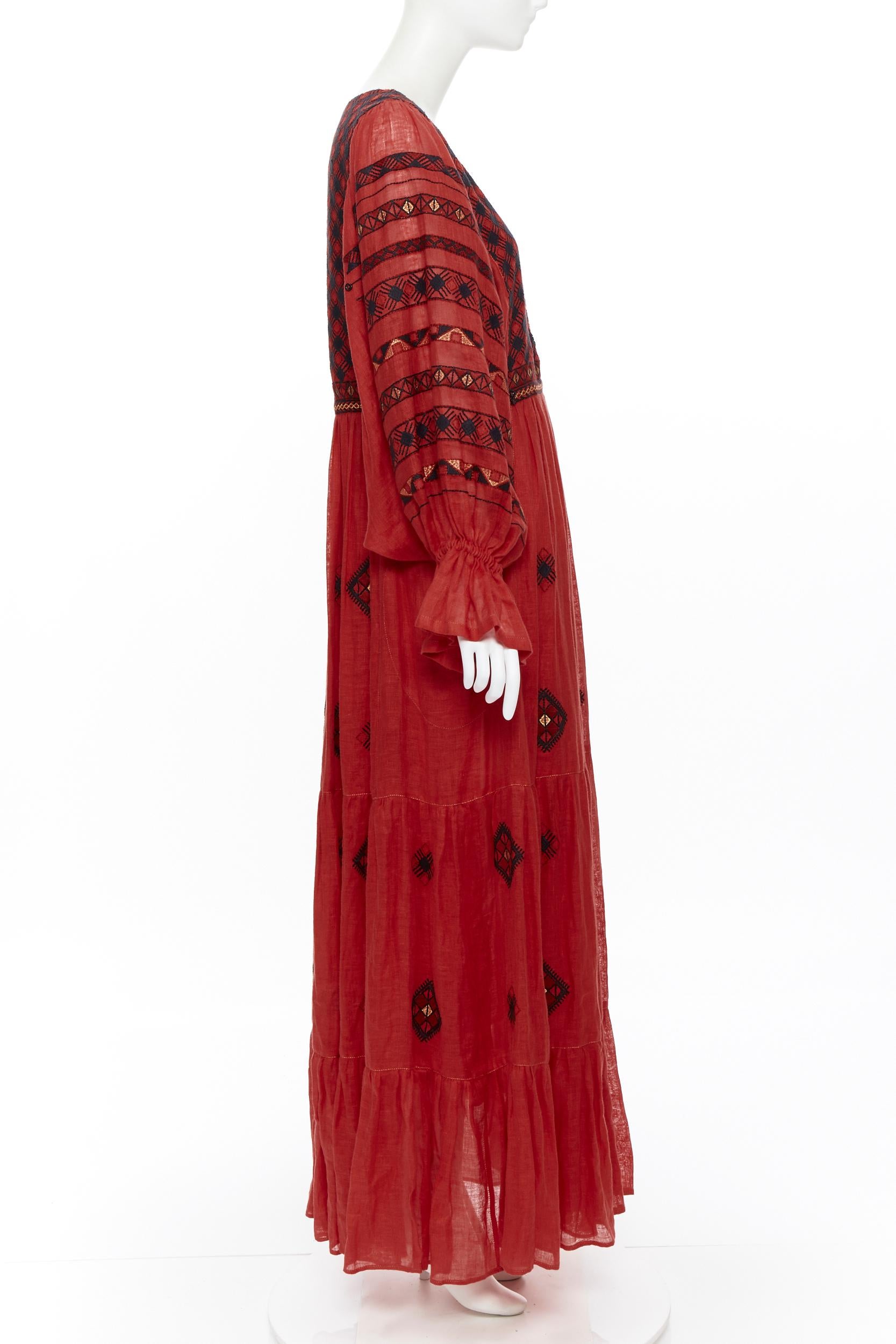 new VITA KIN red Vyshyvanka embroidery bohemian folk bubble sleeve maxi dress S In New Condition In Hong Kong, NT