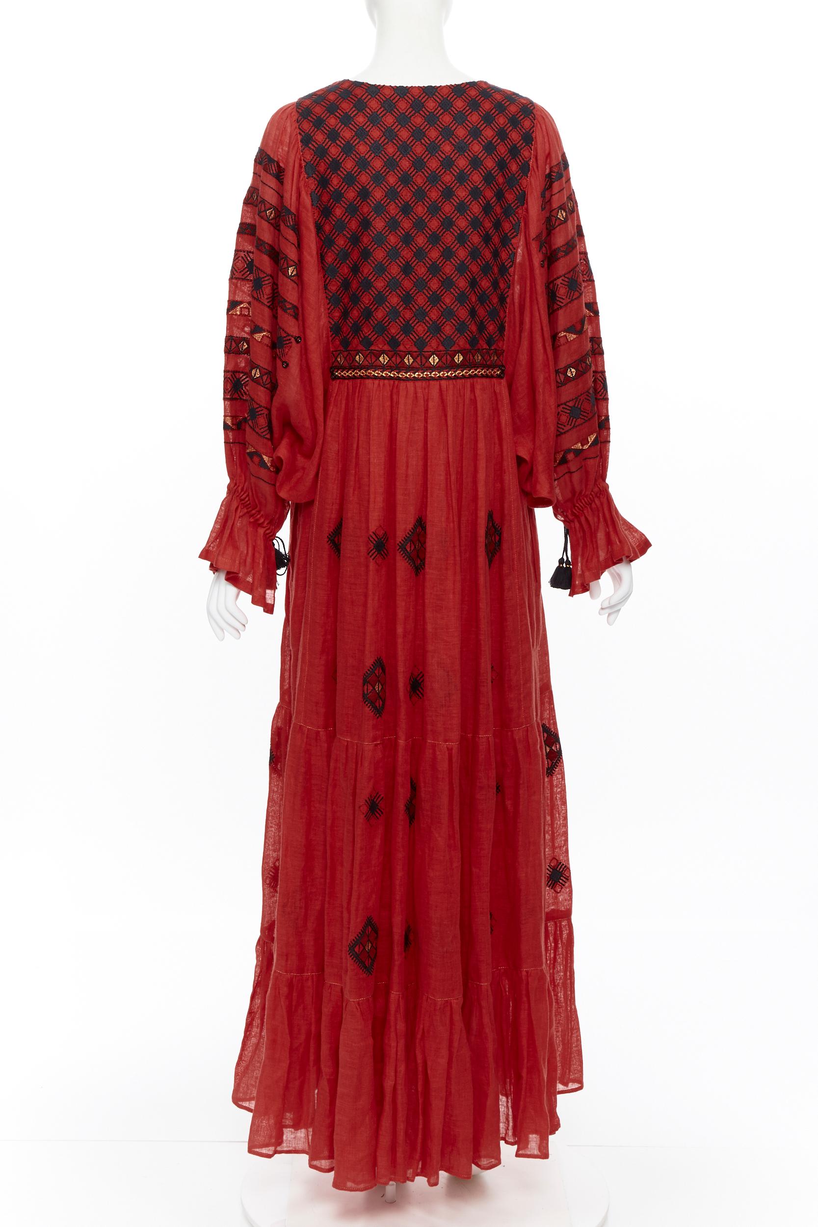 Women's new VITA KIN red Vyshyvanka embroidery bohemian folk bubble sleeve maxi dress S