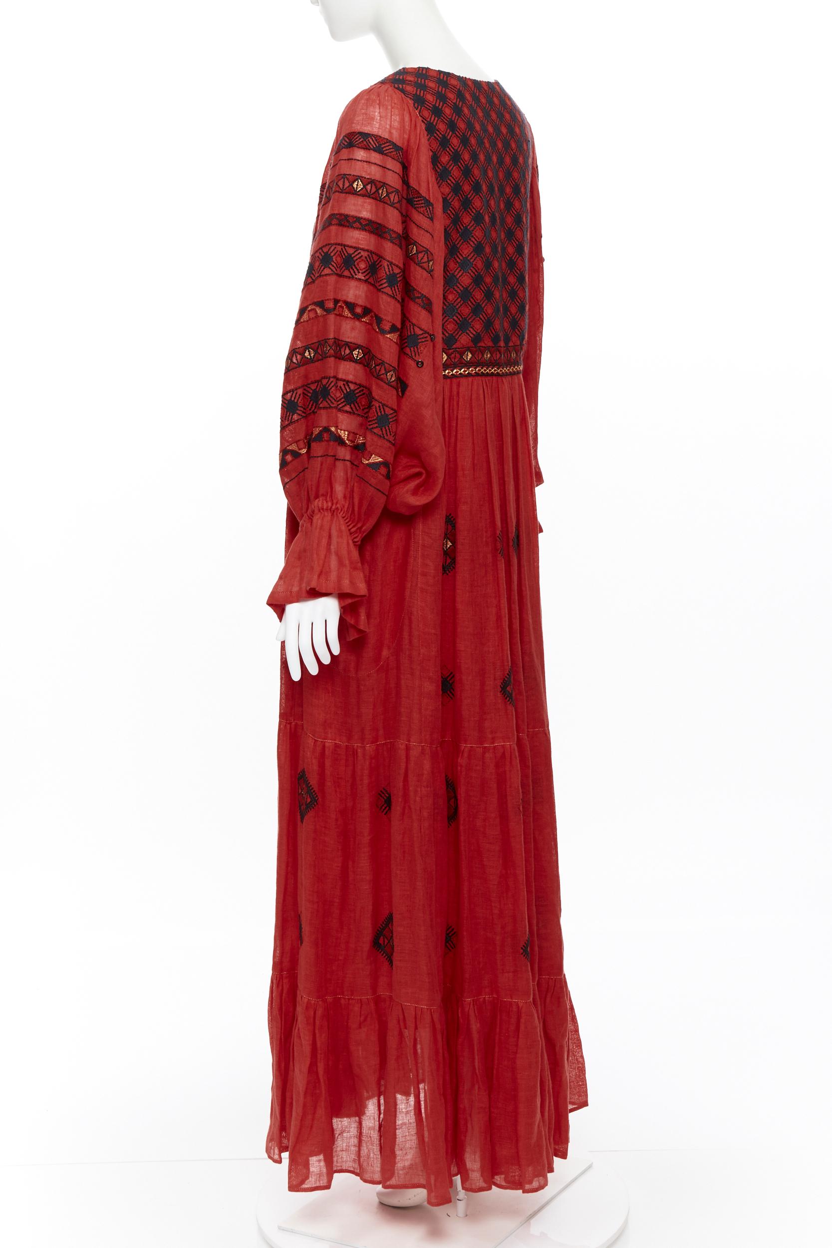new VITA KIN red Vyshyvanka embroidery bohemian folk bubble sleeve maxi dress S 1