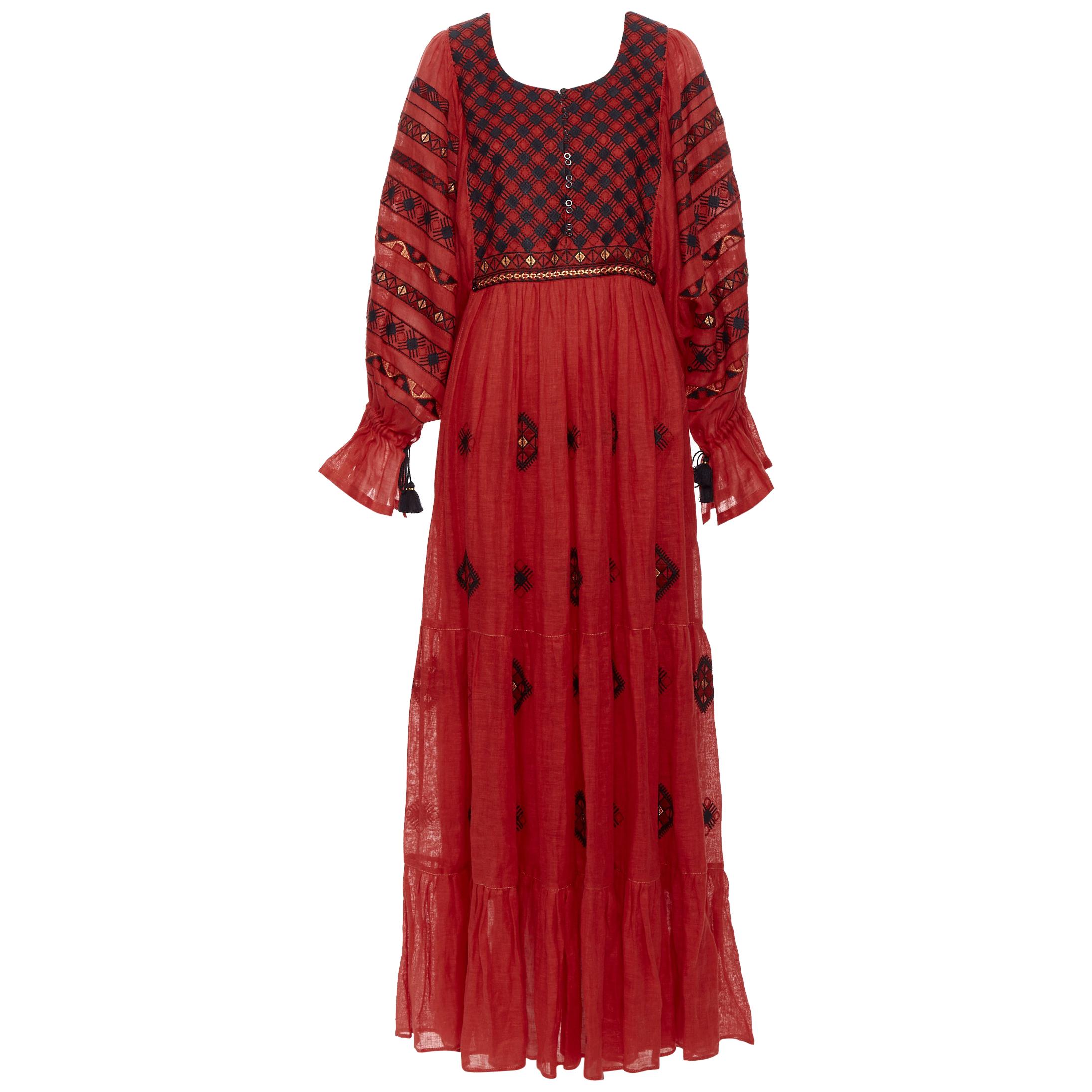 new VITA KIN red Vyshyvanka embroidery bohemian folk bubble sleeve maxi dress S