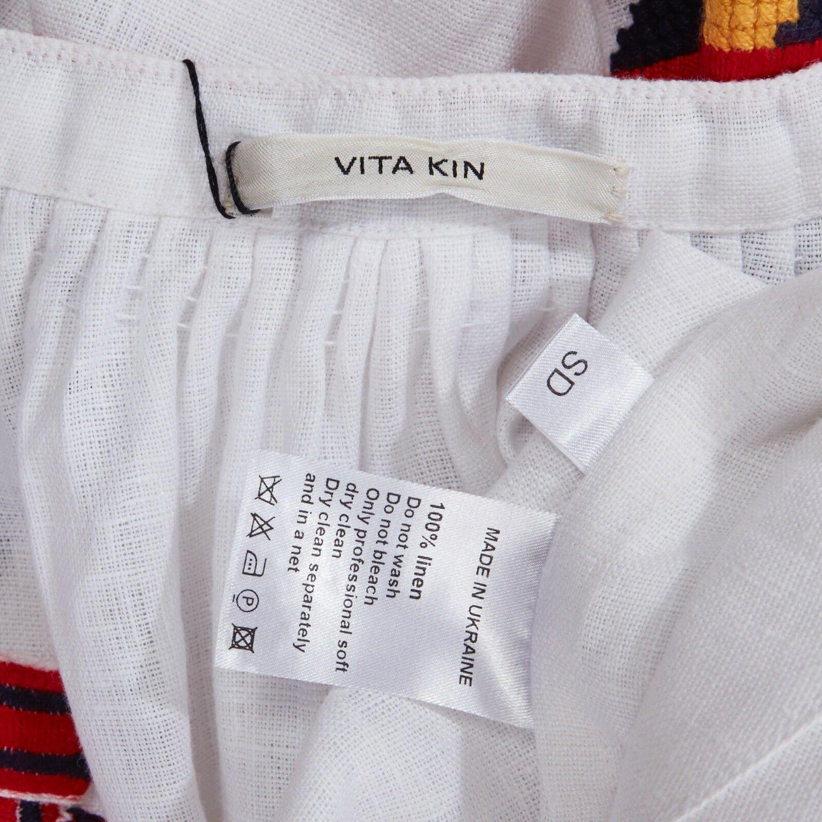 new VITA KIN white linen boho aztec embroidery tassel maxi kaftan dress M 5
