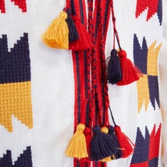 nuovo VITA KIN bianco in lino boho azteco ricamato con nappe, maxi caftano M.