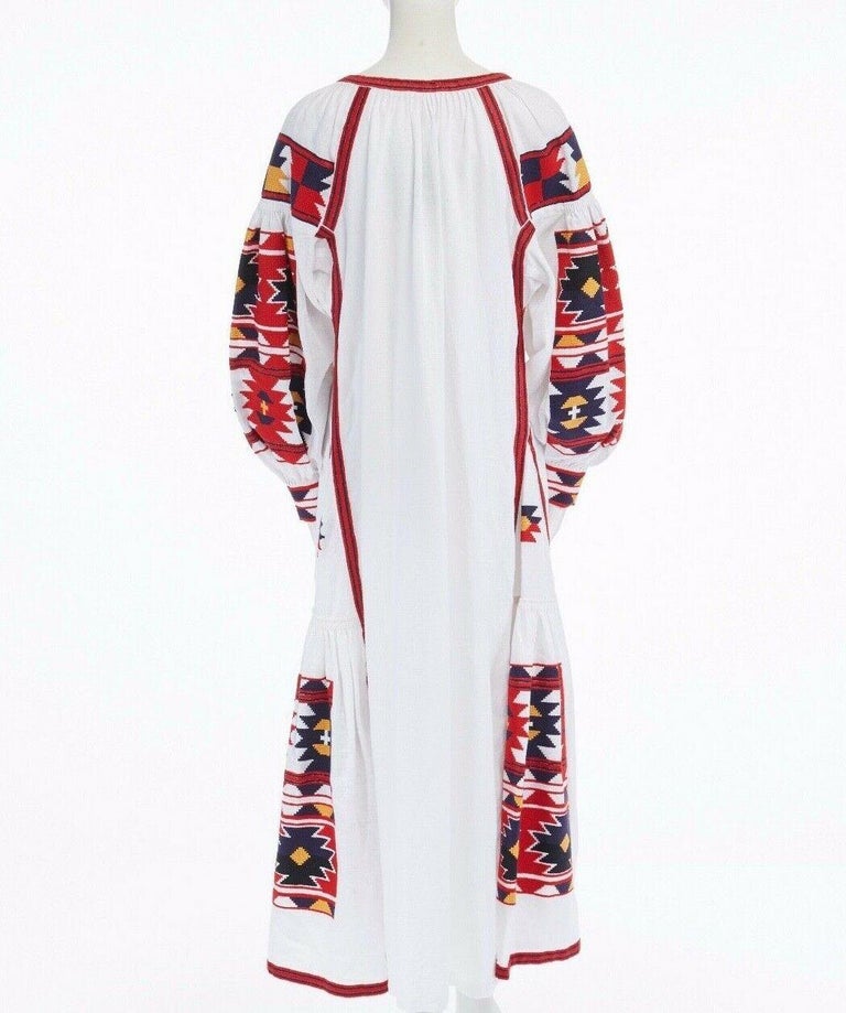 new VITA KIN white linen boho aztec embroidery tassel maxi kaftan dress ...
