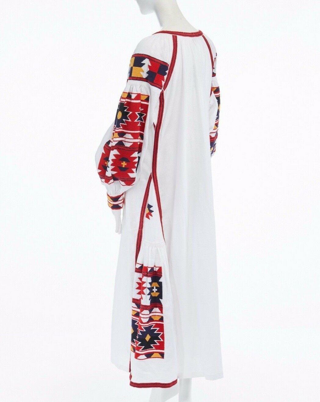 Women's new VITA KIN white linen boho aztec embroidery tassel maxi kaftan dress M