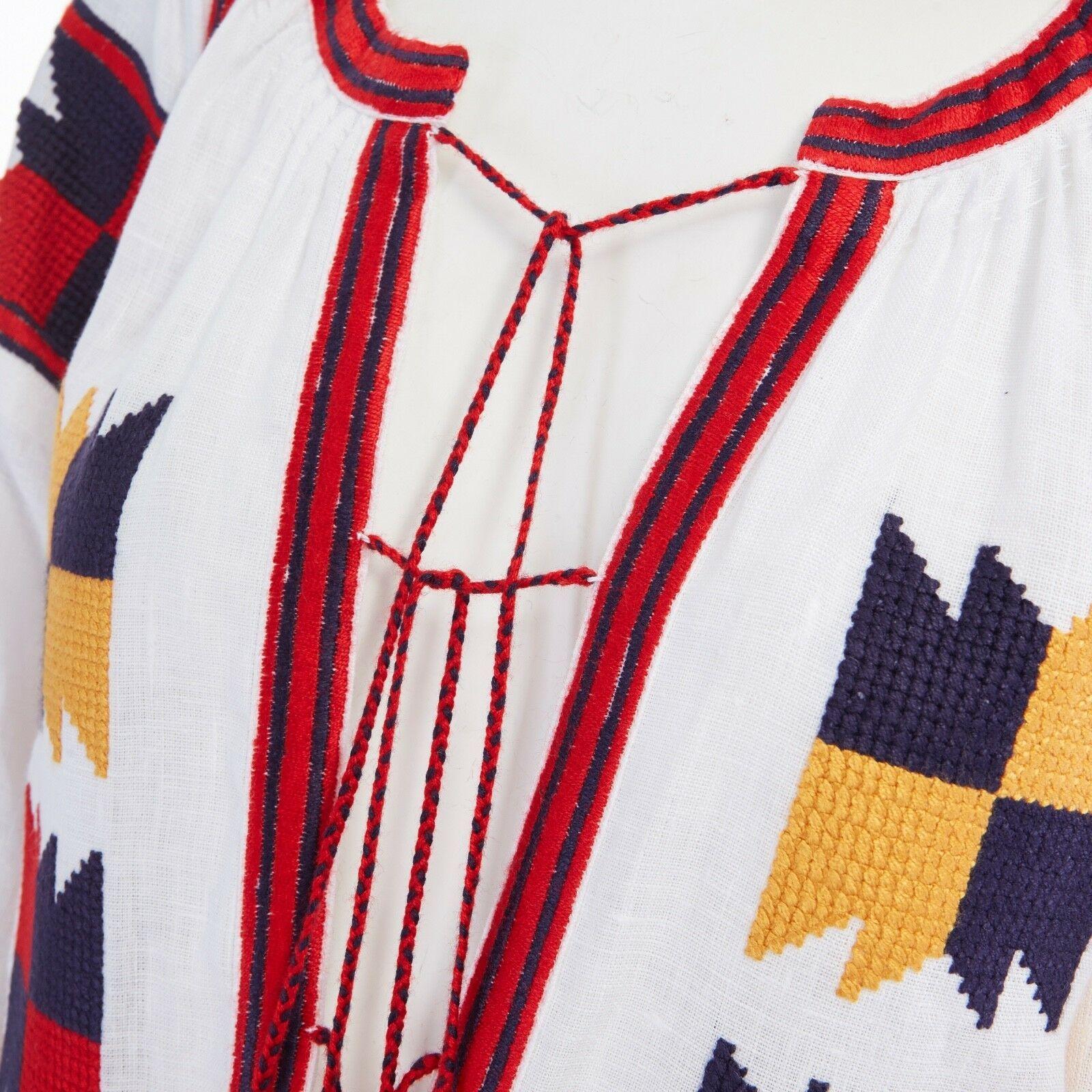 new VITA KIN white linen boho aztec embroidery tassel maxi kaftan dress M 1