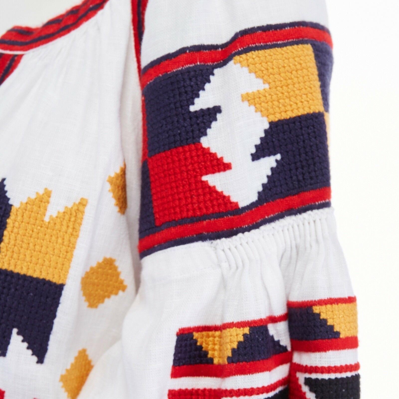new VITA KIN white linen boho aztec embroidery tassel maxi kaftan dress M 2