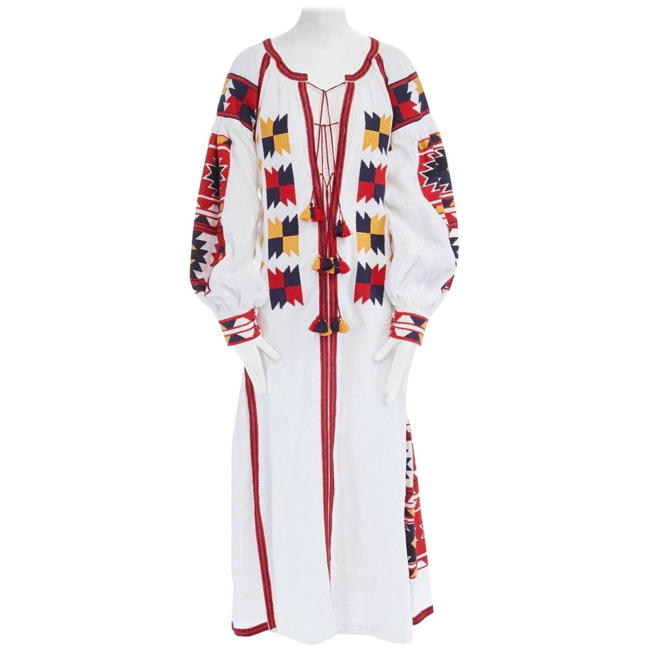 new VITA KIN white linen boho aztec embroidery tassel maxi kaftan dress M