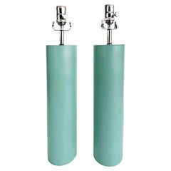 New Von Nesson Style Metal Cylinder Table Lamps in Green, Pair