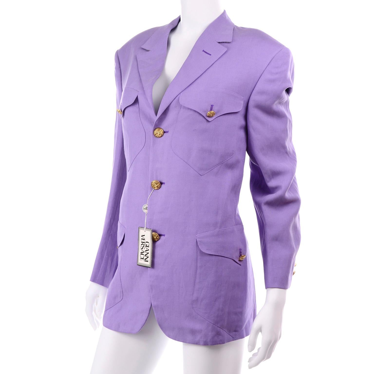 Men's New W/ Tags 1993 Gianni Versace Mens Purple Linen & Silk Blazer Runway Jacket For Sale