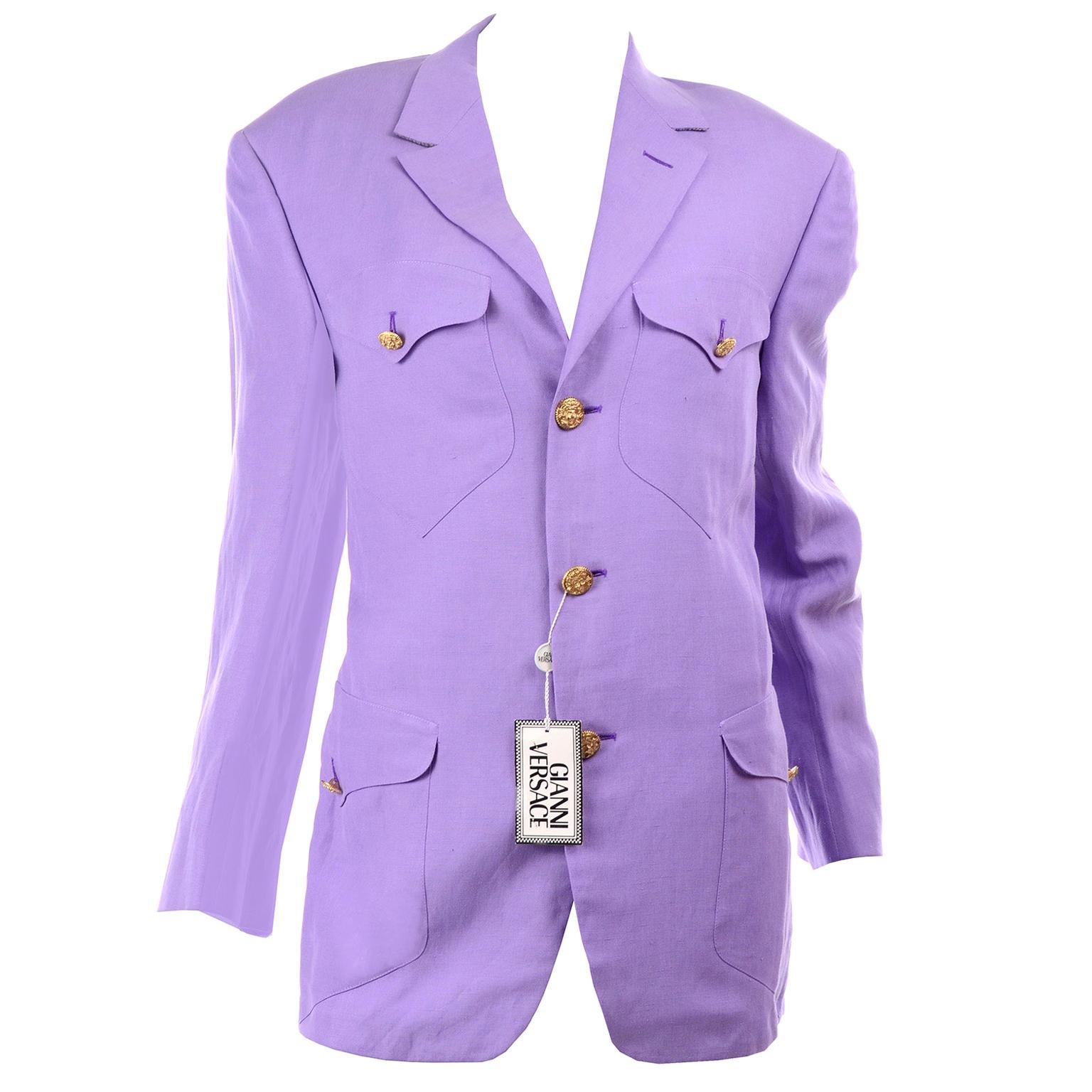 New W/ Tags 1993 Gianni Versace Mens Purple Linen & Silk Blazer Runway Jacket 