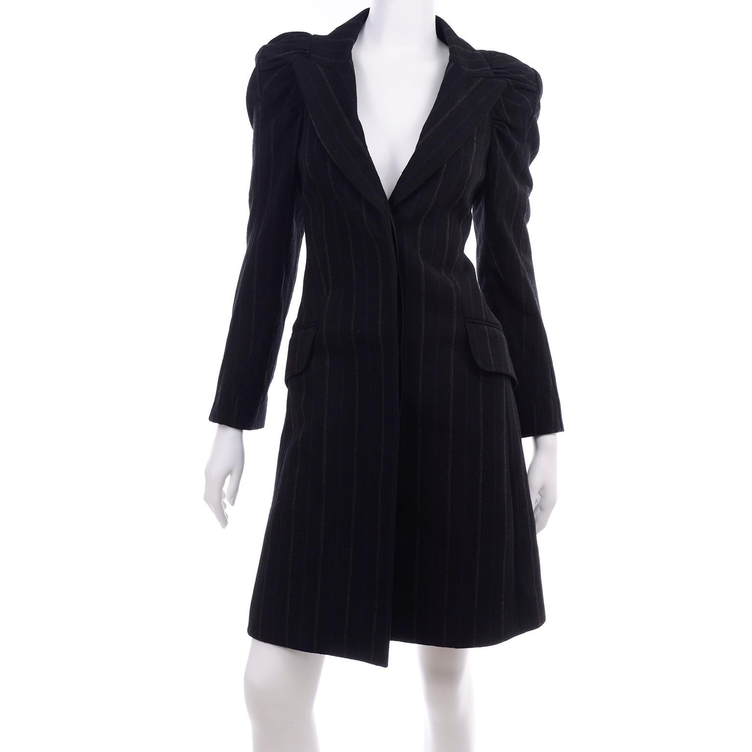Black New w/Tags Marc Jacobs Louis Vuitton 2010 Pinstripe Coat W Gathered Puff Sleeves