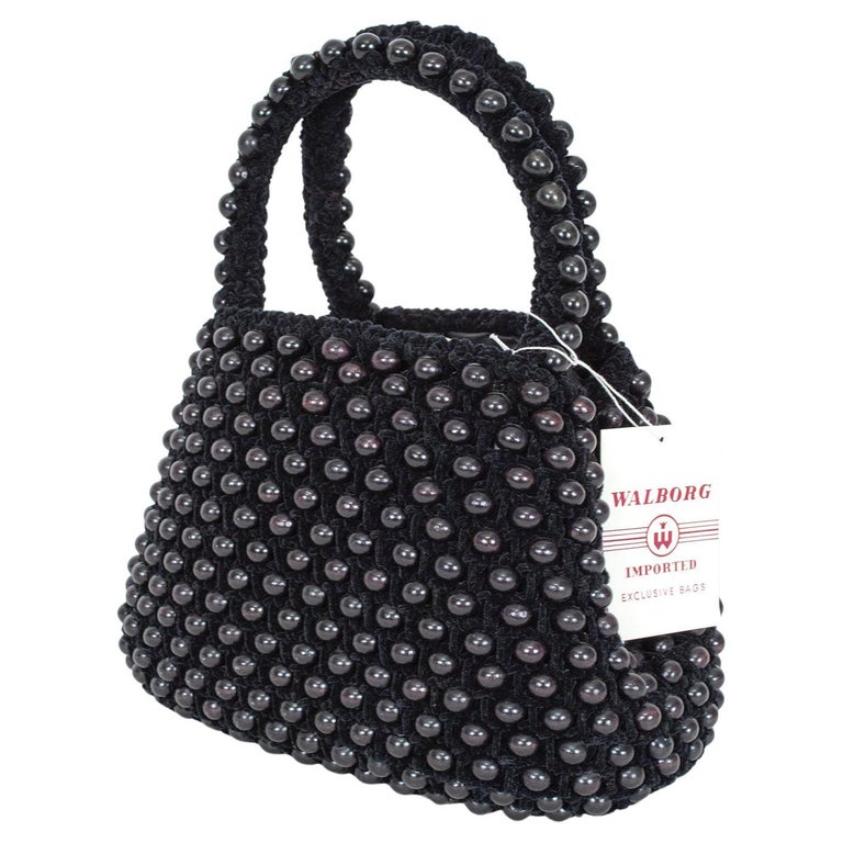 Vintage 1940s Black Beaded Purse, Evening Bag 8x6 inches - Dandelion Vintage