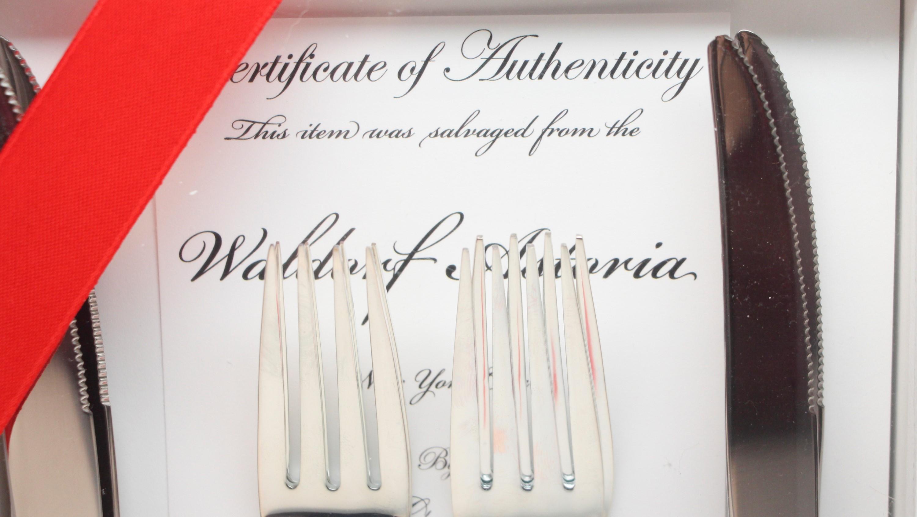 Silver plated steel brand new dinner fork and steak knife flatware gift set. Made by Oneida. These pieces were backstock in one of the Waldorf Astoria Towers restaurants. All pieces are stamped Waldorf Astoria. This set includes a Waldorf Astoria