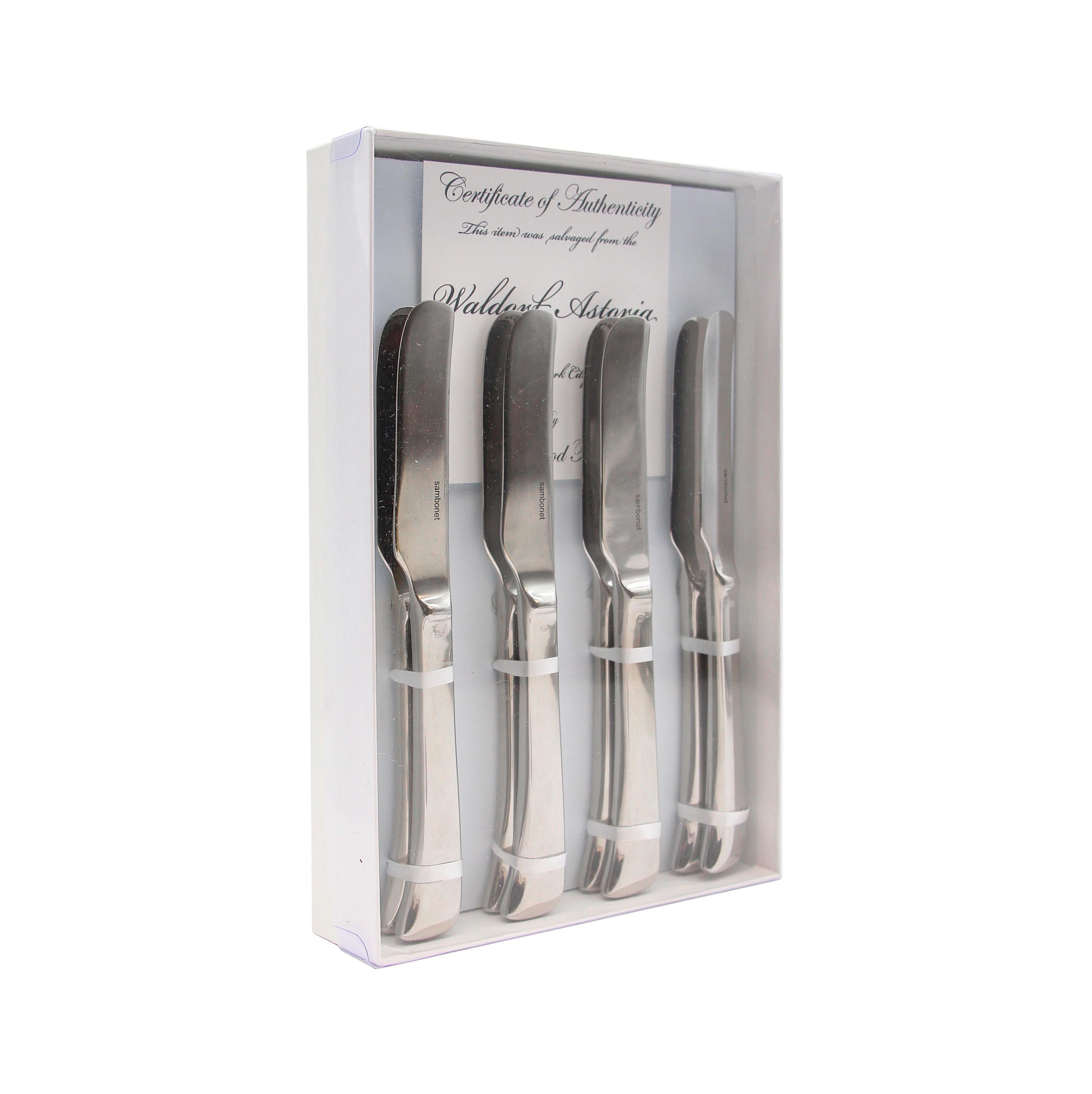 High quality stainless steel new butter knife flatware gift set. Made by Sambonet in their Imagine style. These pieces were backstock in the La Chin restaurant of the Waldorf Astoria Hotel on Park Ave in NYC. This set includes a Waldorf Astoria