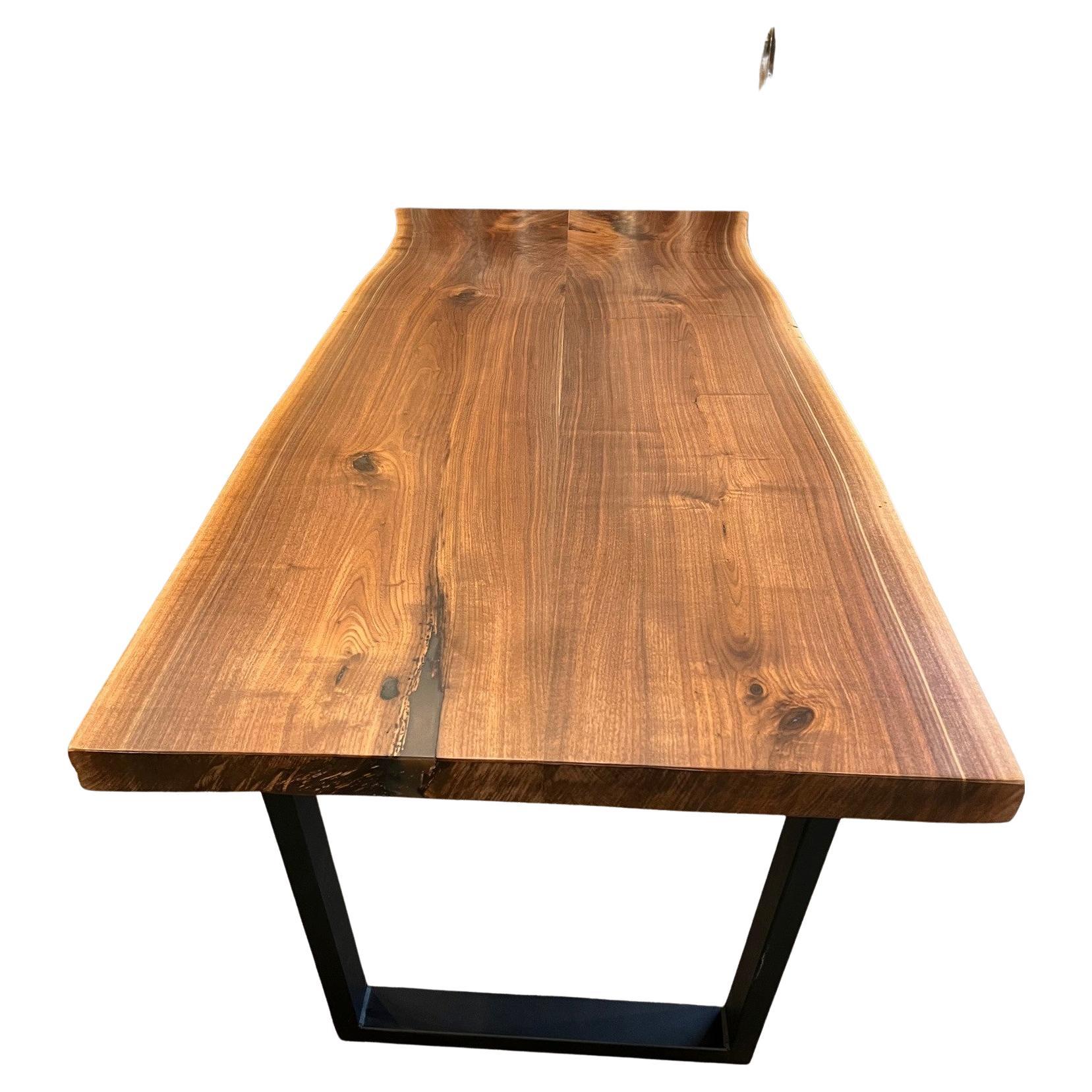  Walnut Live Edge Dining Table with Black Metal Base For Sale