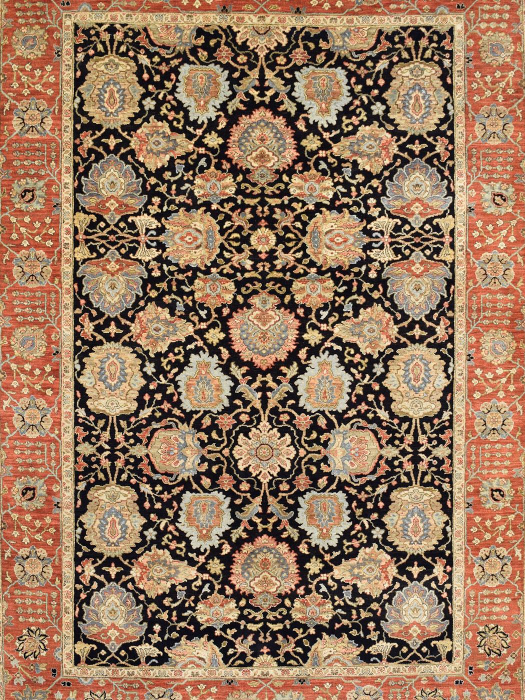 Indian Hand-Knotted Persian Agra Carpet, Red, Orange, and Black Wool, 6' x 9' For Sale