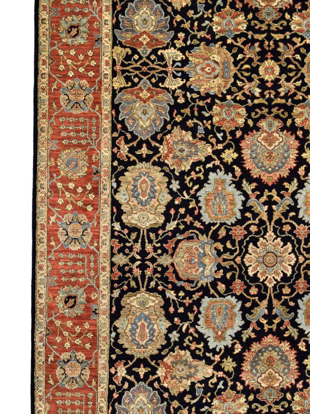 Hand-Knotted Persian Agra Carpet, Red, Orange, and Black Wool, 6' x 9' For Sale 1