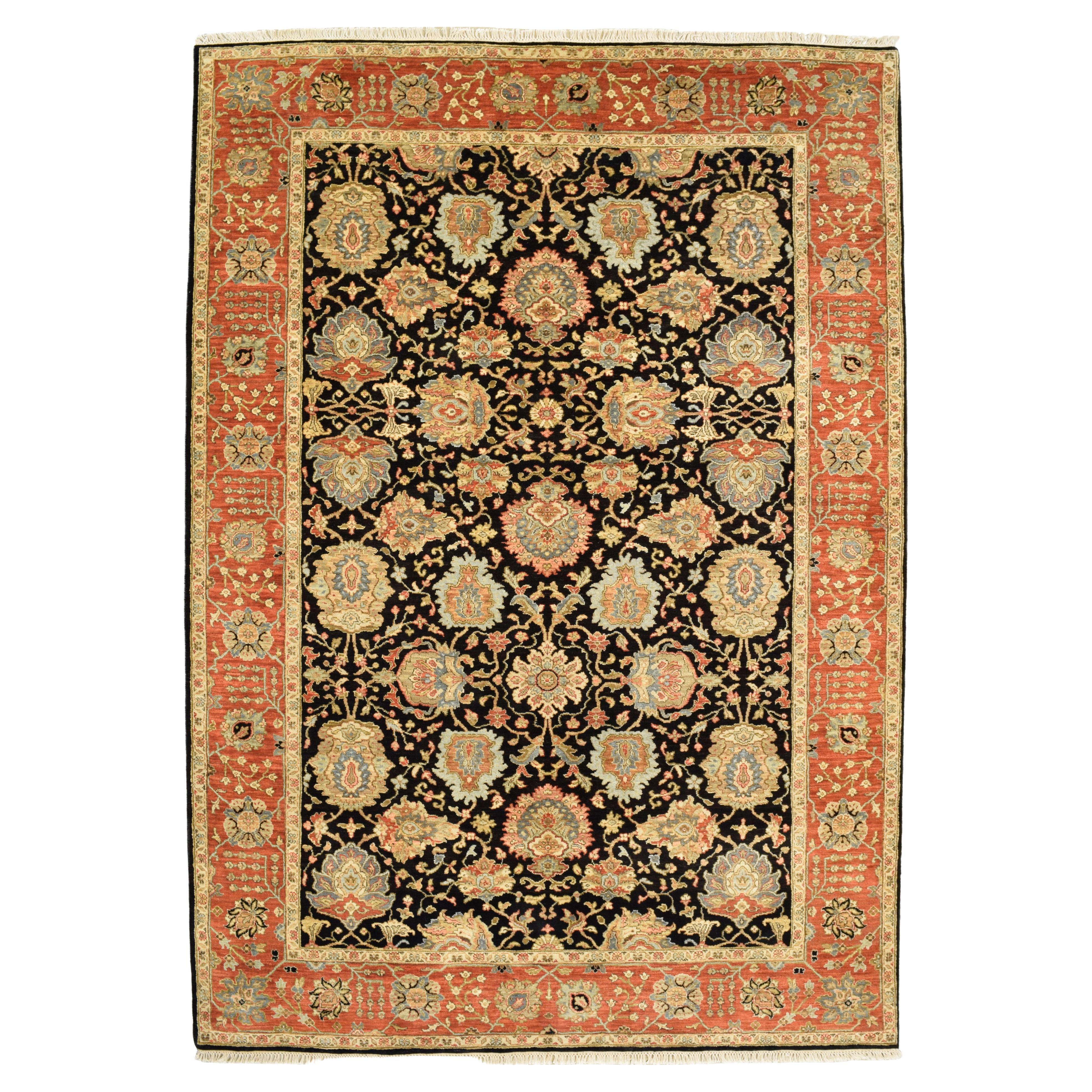 Hand-Knotted Persian Agra Carpet, Red, Orange, and Black Wool, 6' x 9'