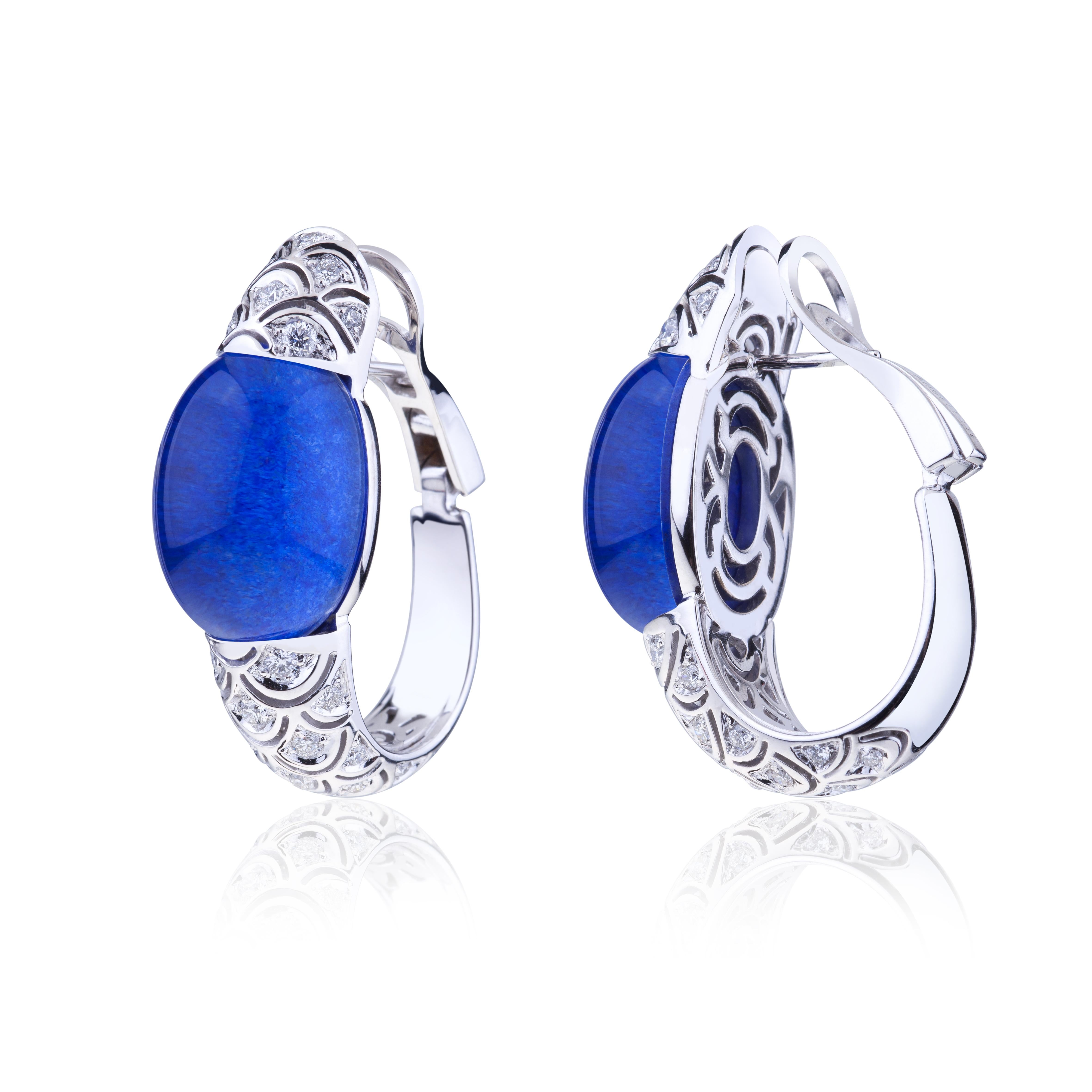 Angeletti Embrace White Gold With Diamonds Cabochon Lapislazzuli Hoop Earrings.
New Wave Version, Designed and Manifactured in Rome. Large size and impressive proportions. 
Angeletti Boasts an Exceptional History Made of Pure Jewelry Tradition, a