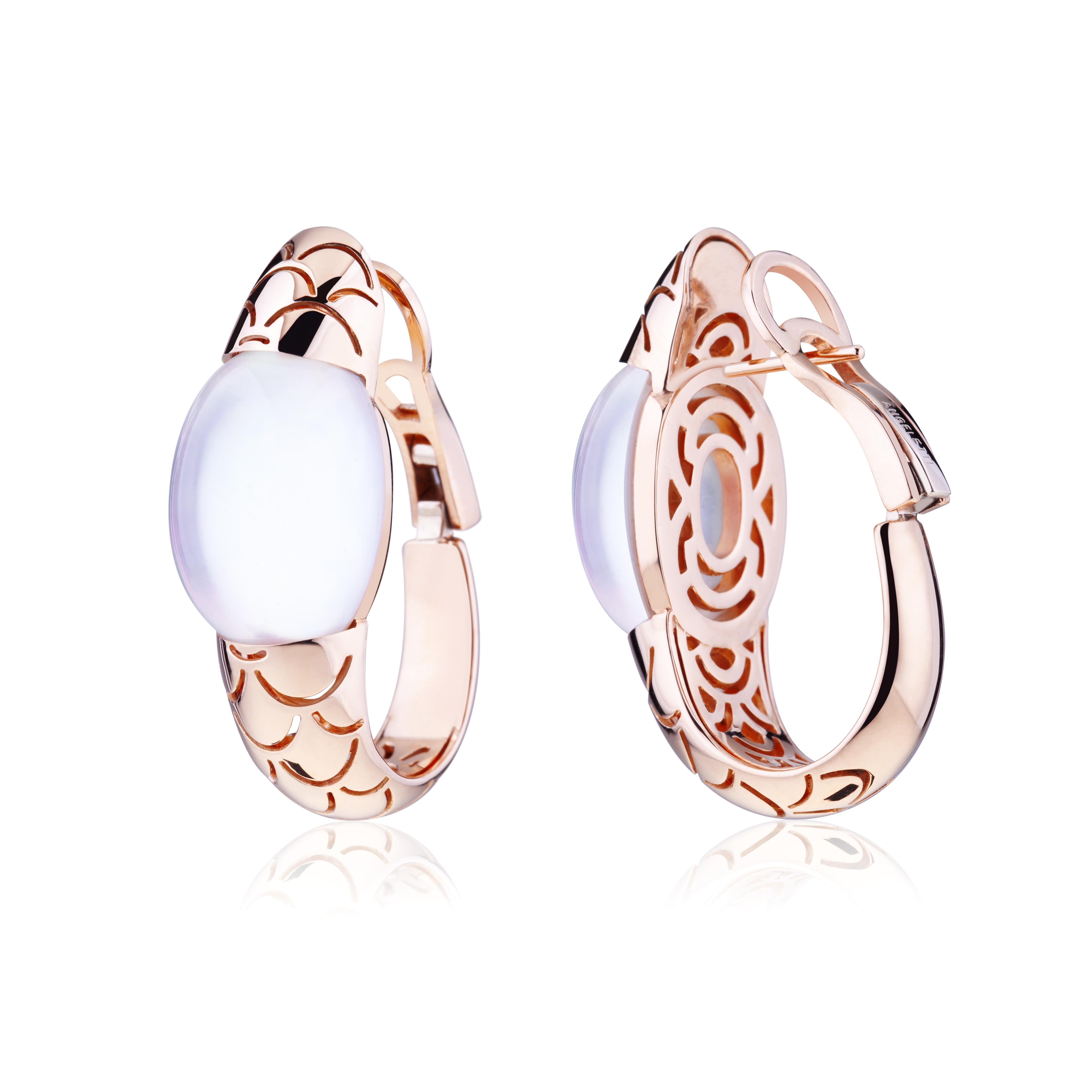 Angeletti Embrace Rose Gold With Cabochon Mother Pearl Hoop Earrings.
New Wave Version, Designed and Manifactured in Rome. Large size and impressive proportions. 
Angeletti Boasts an Exceptional History Made of Pure Jewelry Tradition, a Blend of