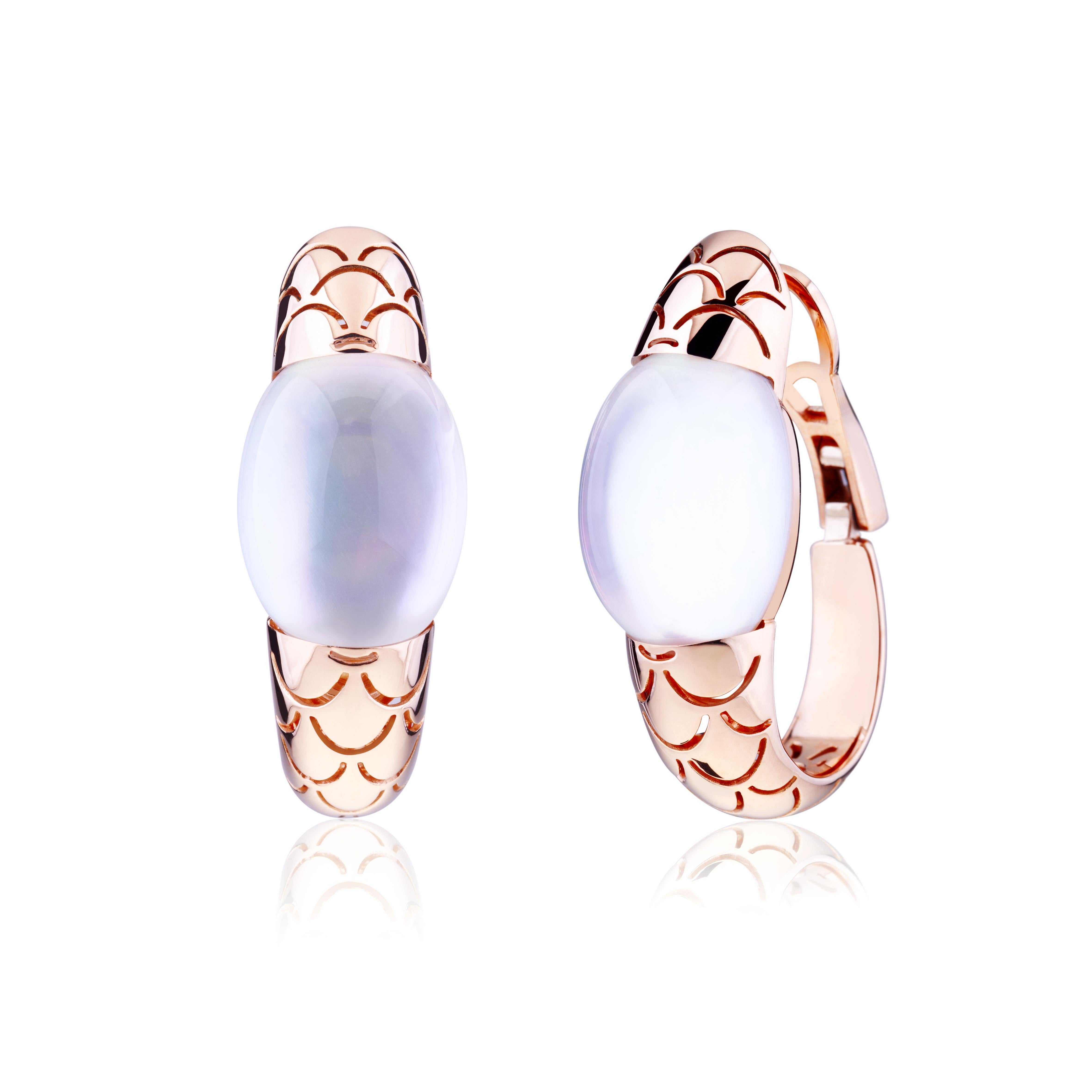 Modern Embrace Rose Gold with Cabochon Mother Pearl Hoop Earrings For Sale