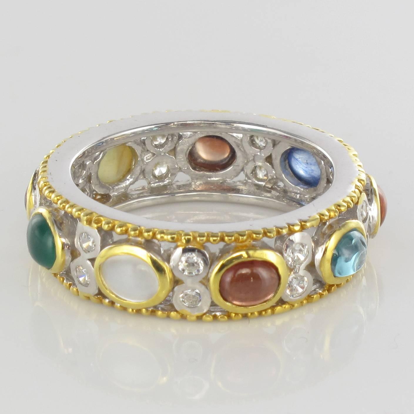 Modern New White Brown Zircon Sapphire Ruby Agate Silver Band Ring