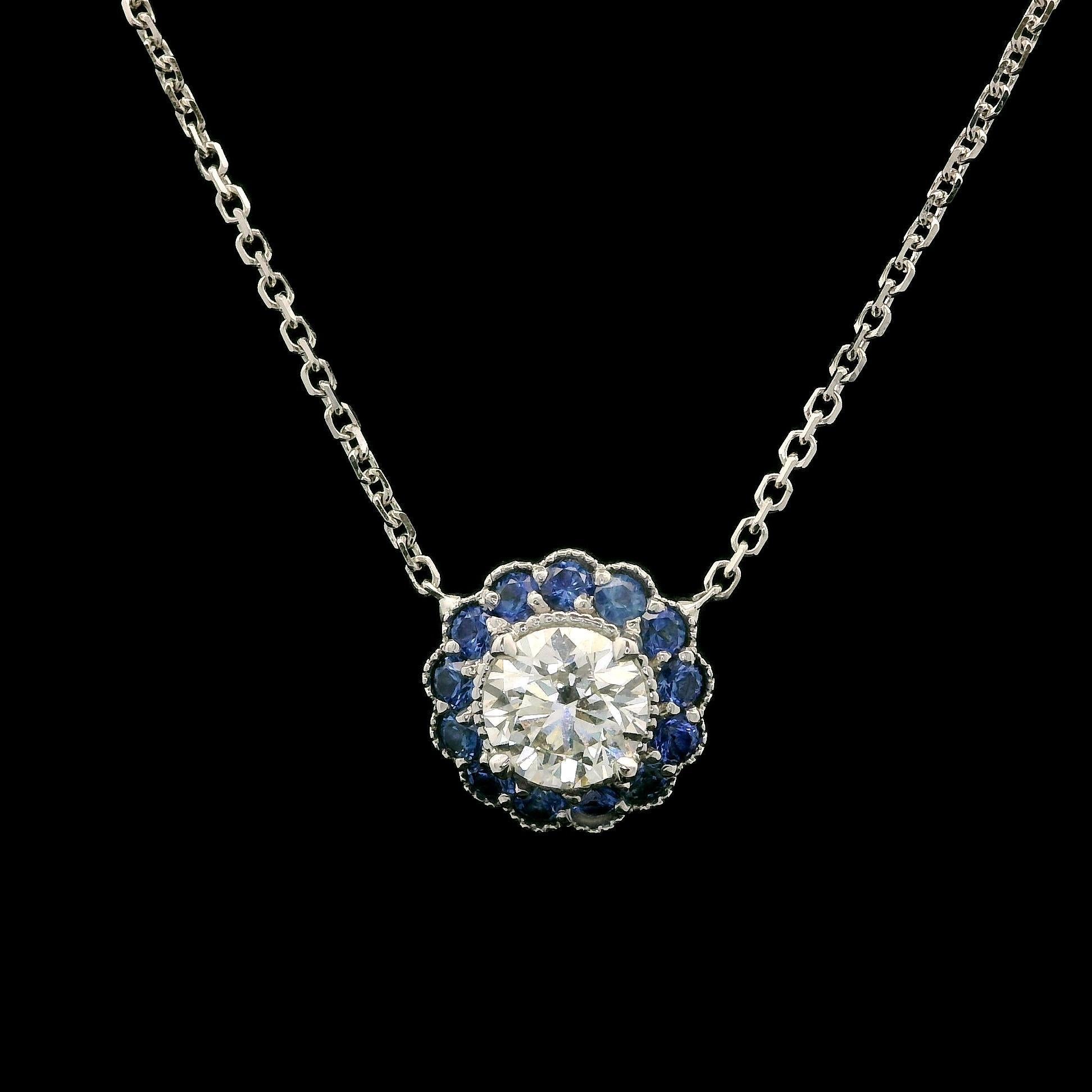 Brilliant Cut New White Gold 0.91ct Round Diamond w/ Sapphire Flower Halo Pendant Necklace For Sale
