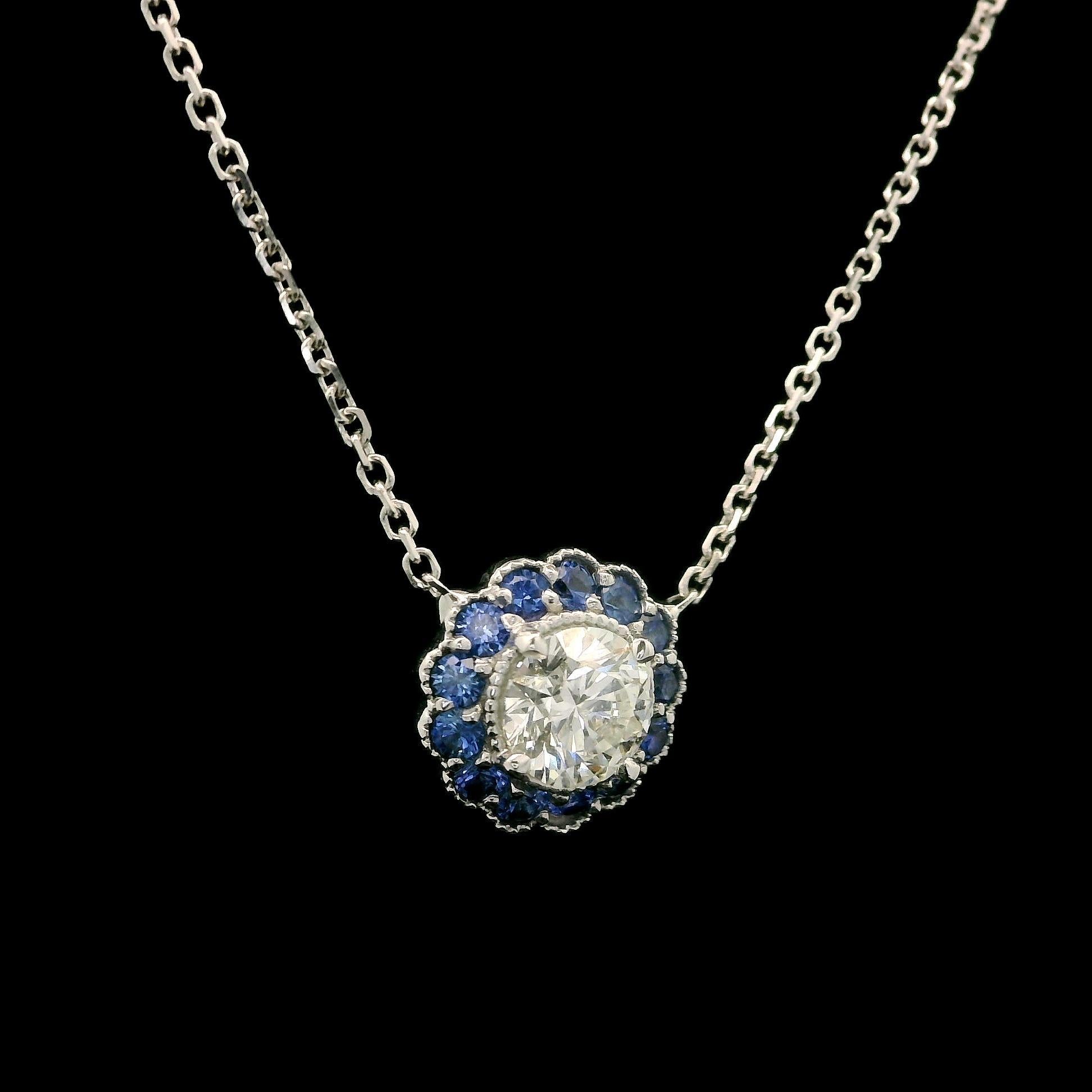 New White Gold 0.91ct Round Diamond w/ Sapphire Flower Halo Pendant Necklace In New Condition For Sale In Montclair, NJ
