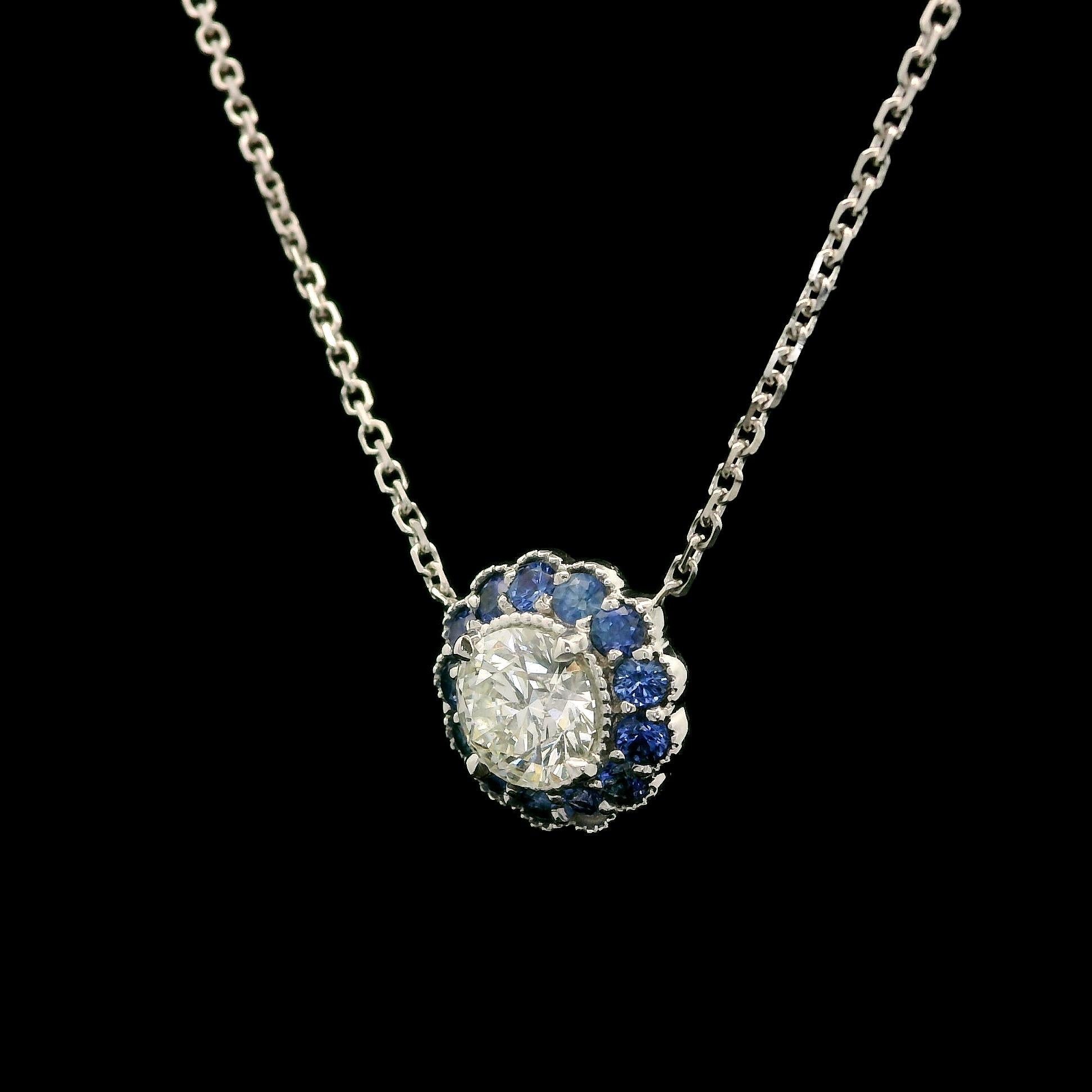 Women's New White Gold 0.91ct Round Diamond w/ Sapphire Flower Halo Pendant Necklace For Sale
