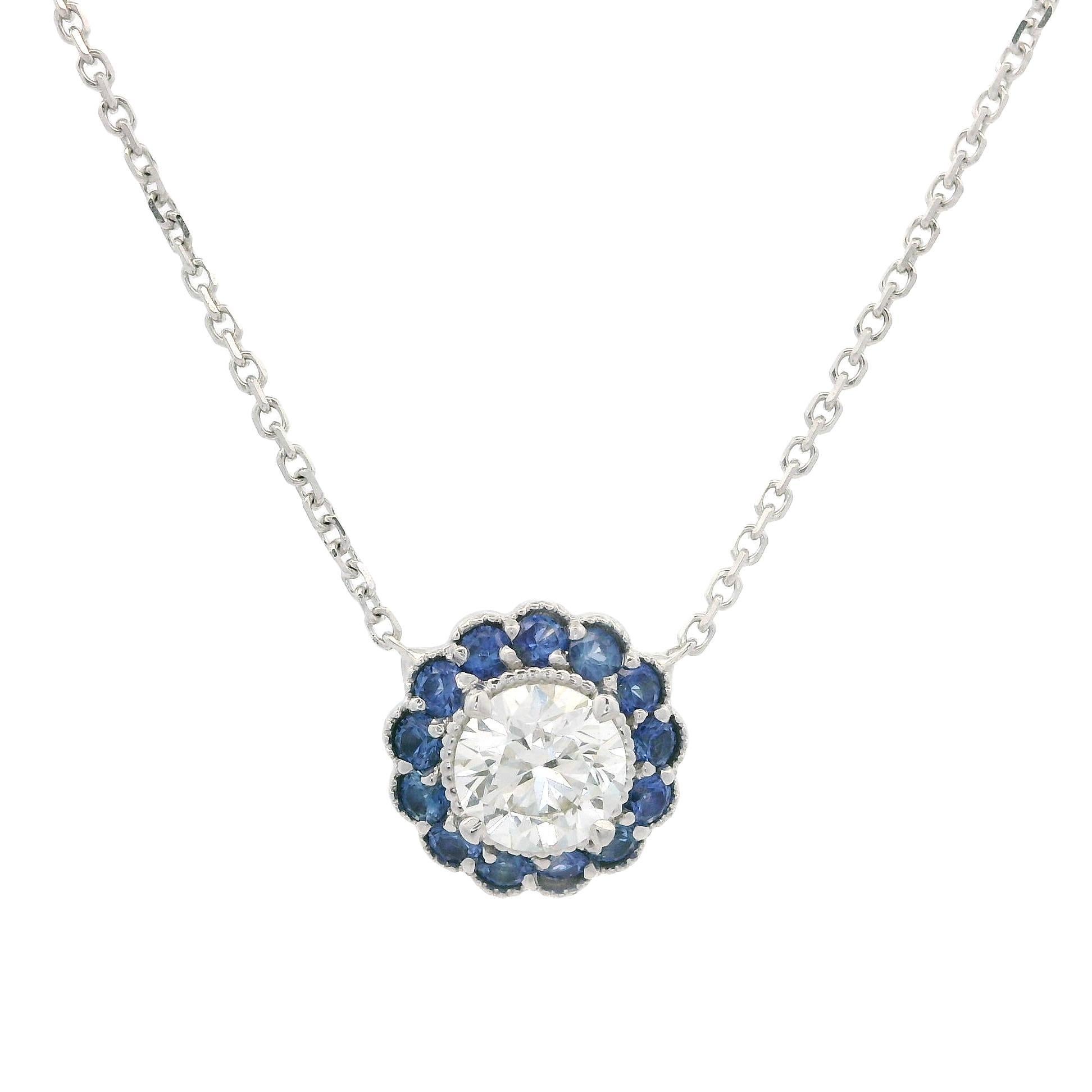 New White Gold 0.91ct Round Diamond w/ Sapphire Flower Halo Pendant Necklace For Sale 2