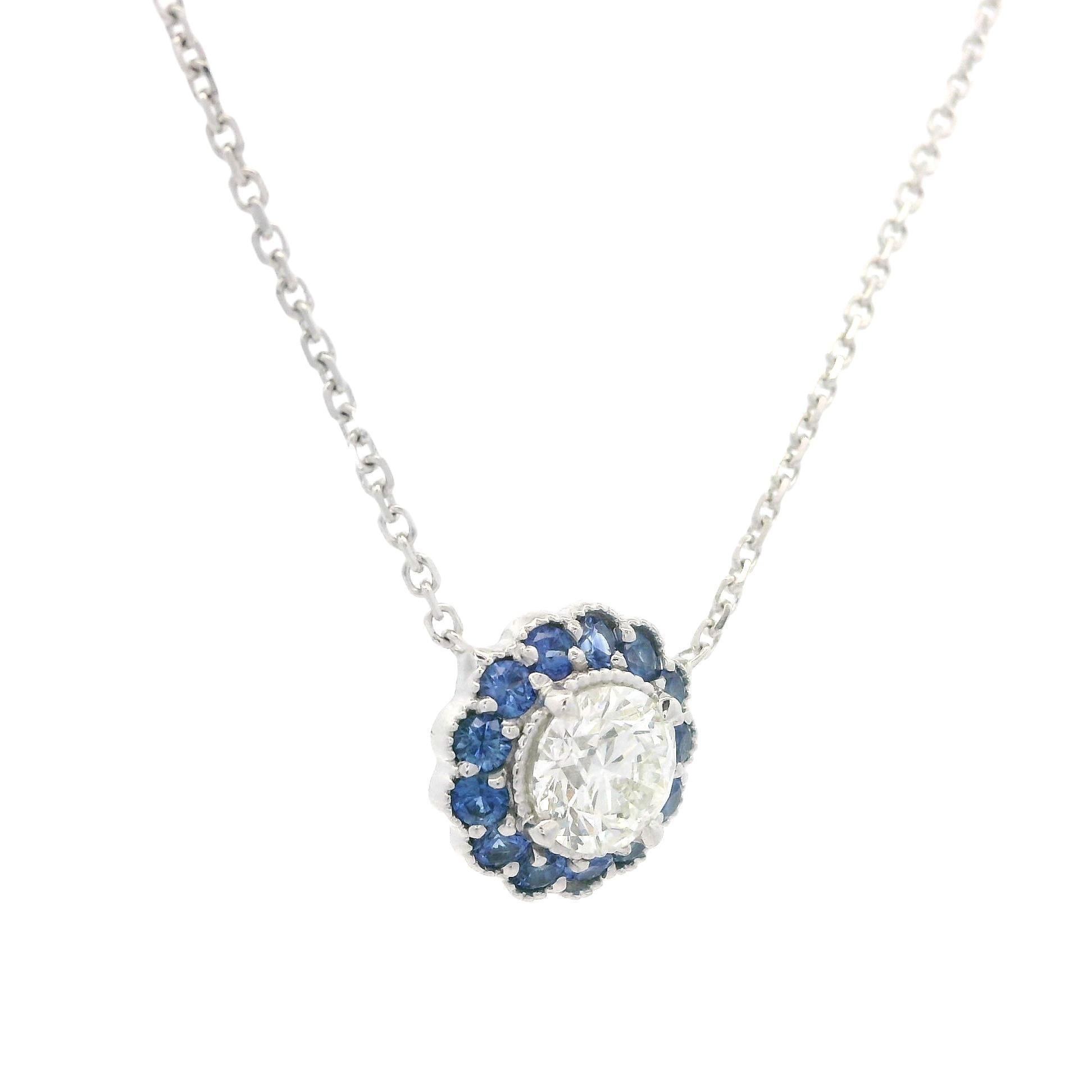 New White Gold 0.91ct Round Diamond w/ Sapphire Flower Halo Pendant Necklace For Sale 3
