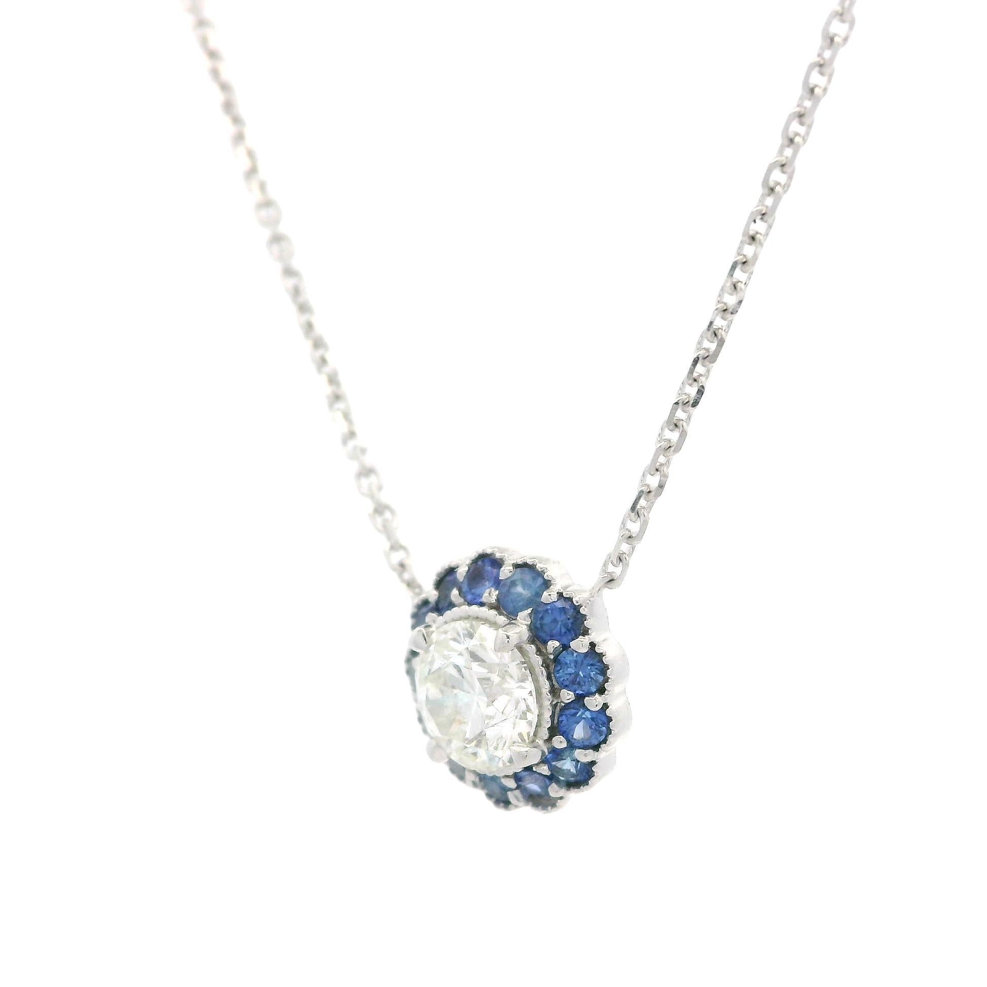 New White Gold 0.91ct Round Diamond w/ Sapphire Flower Halo Pendant Necklace For Sale 4