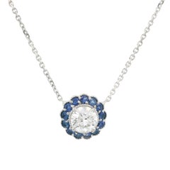 New White Gold 0.91ct Round Diamond w/ Sapphire Flower Halo Pendant Necklace