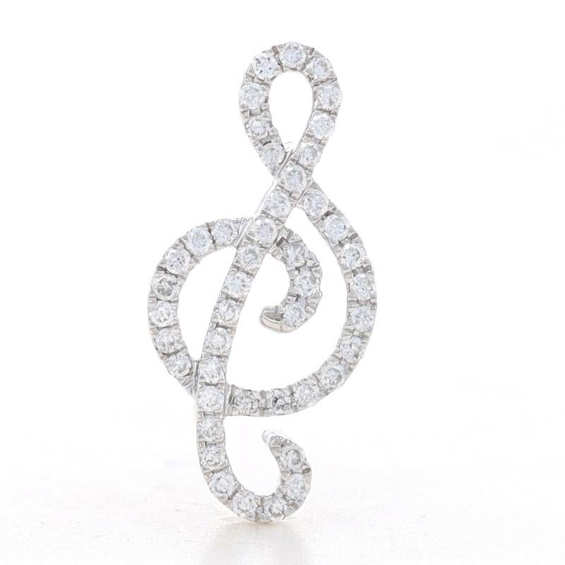 Metal Content: 14k White Gold

Stone Information

Natural Diamonds
Carat(s): .12ctw
Cut: Round Brilliant Cut
Color: G
Clarity: SI2 - I1

Total Carats: .12ctw

Theme: Treble Clef and Music Note

Measurements

Tall: 5/8