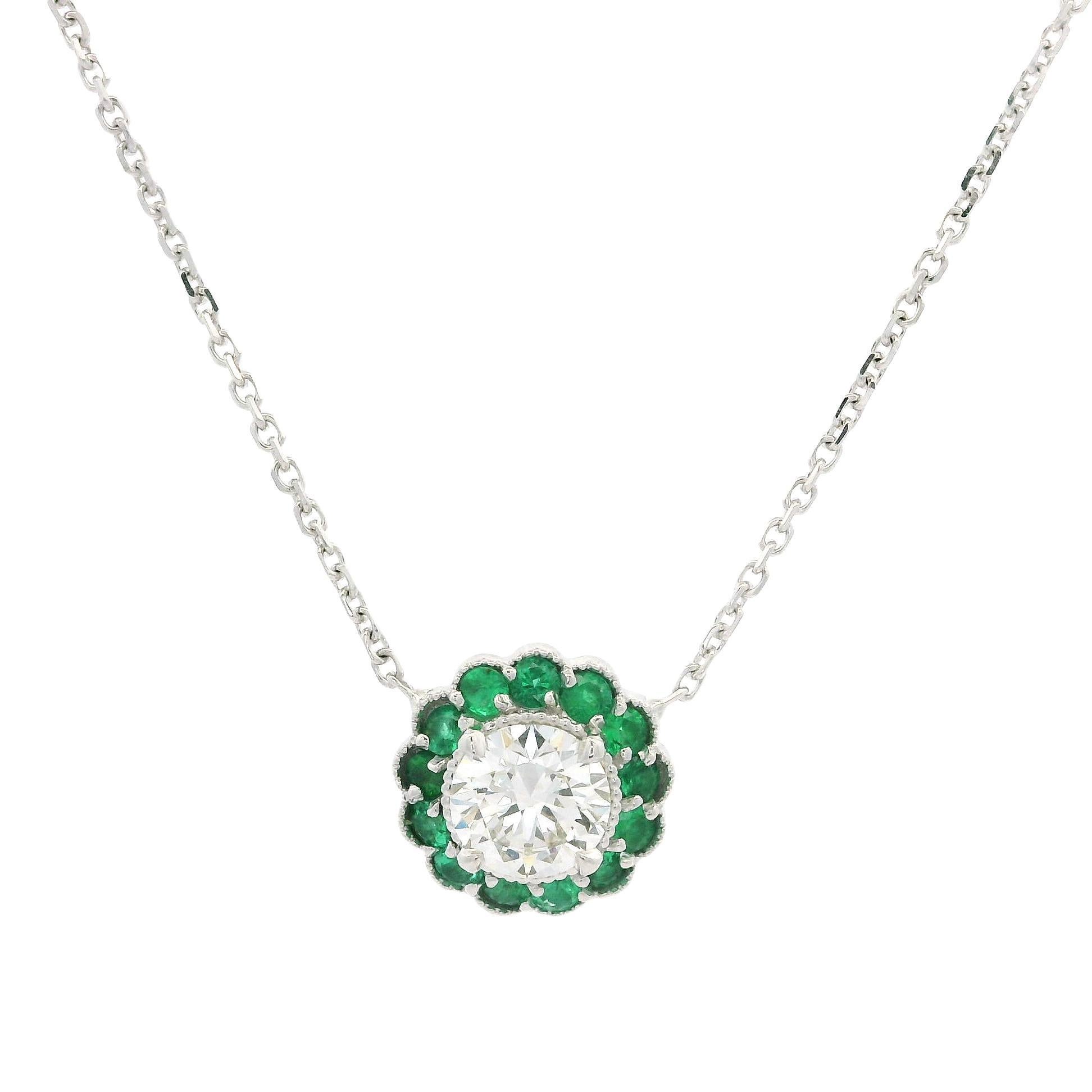 New White Gold GIA 0.78ctw Diamond w/ Green Emerald Flower Halo Pendant Necklace For Sale 5