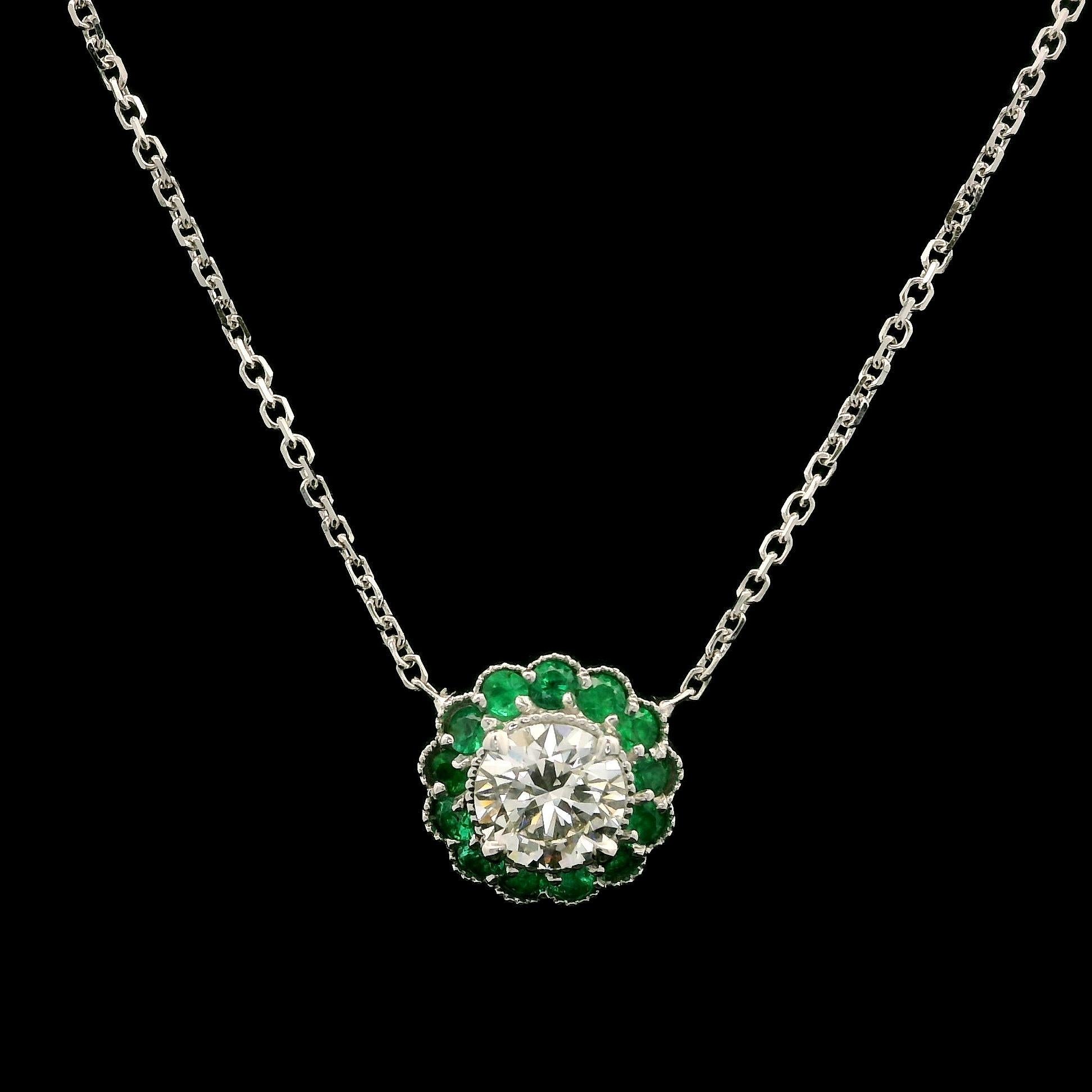 New White Gold GIA 0.78ctw Diamond w/ Green Emerald Flower Halo Pendant Necklace In New Condition For Sale In Montclair, NJ
