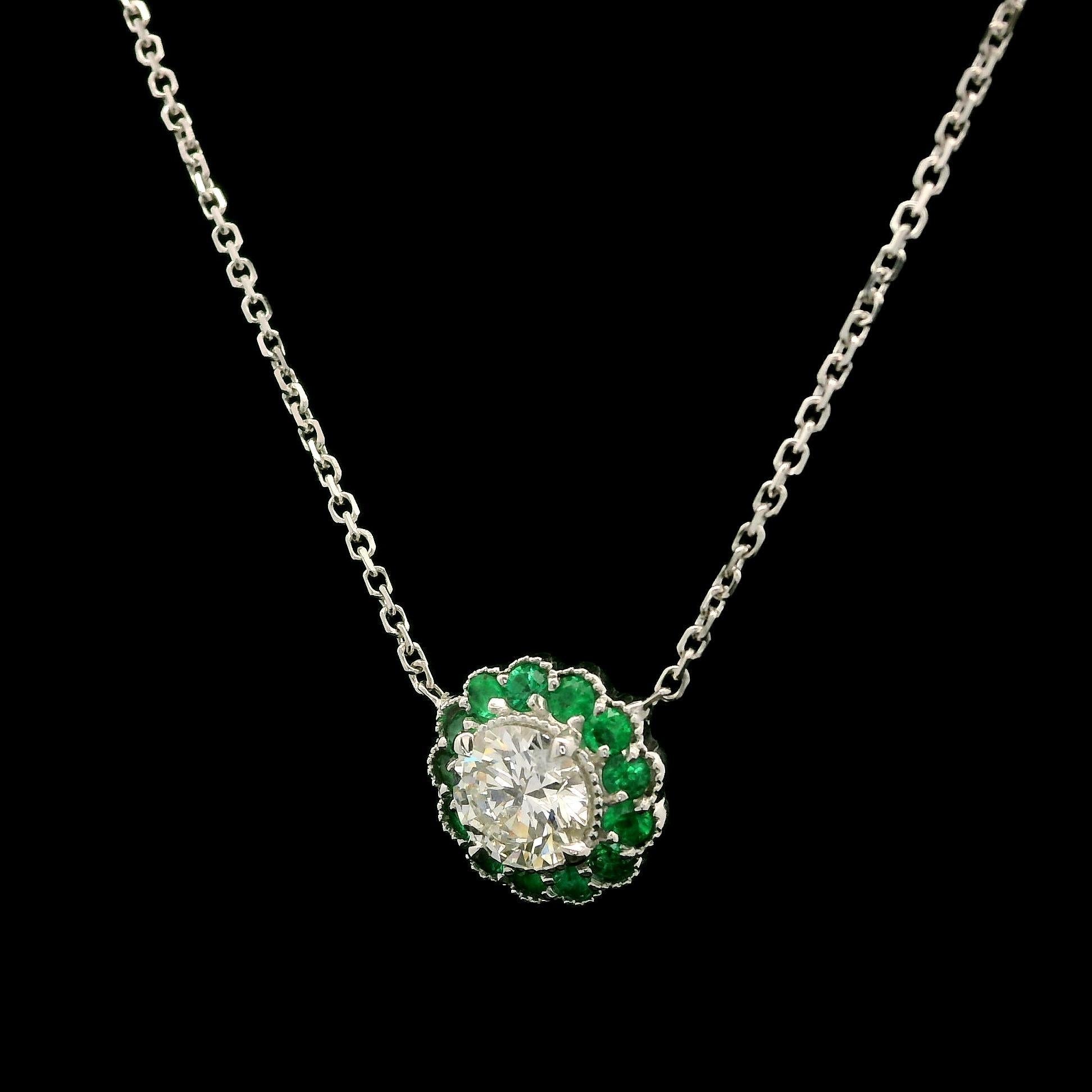 Women's New White Gold GIA 0.78ctw Diamond w/ Green Emerald Flower Halo Pendant Necklace For Sale