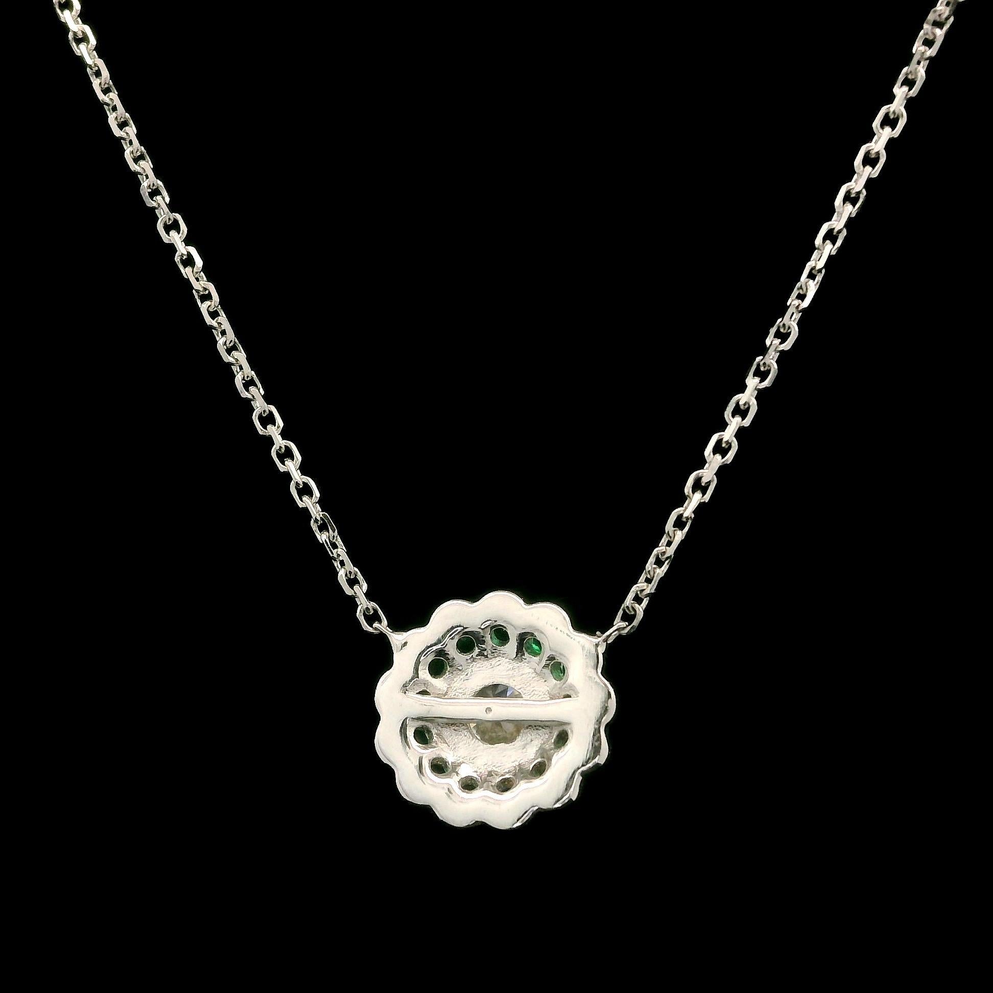 New White Gold GIA 0.78ctw Diamond w/ Green Emerald Flower Halo Pendant Necklace For Sale 1