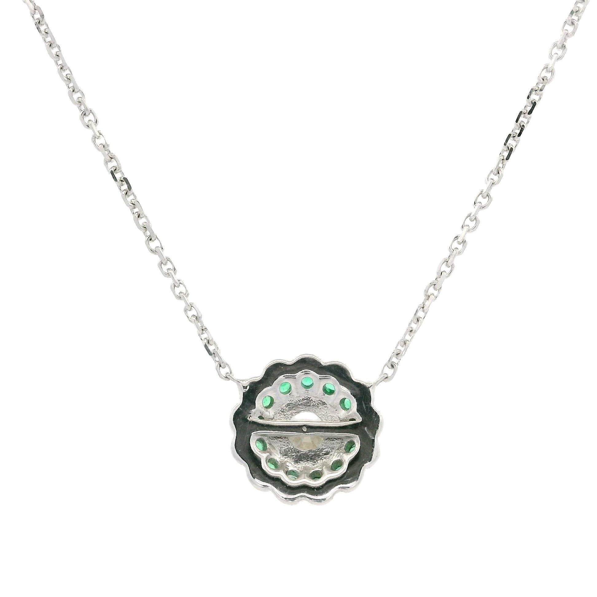 New White Gold GIA 0.78ctw Diamond w/ Green Emerald Flower Halo Pendant Necklace For Sale 2
