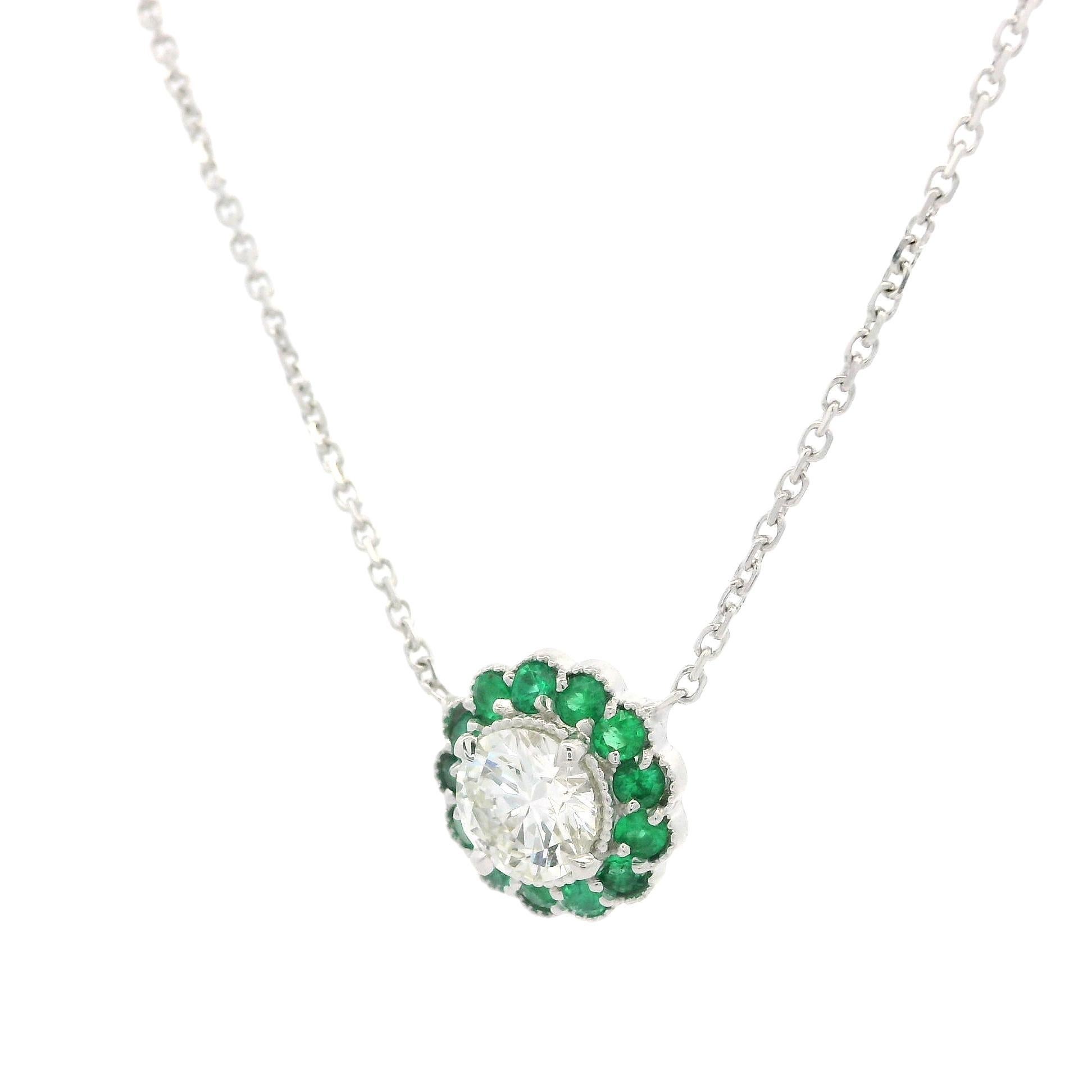 New White Gold GIA 0.78ctw Diamond w/ Green Emerald Flower Halo Pendant Necklace For Sale 3