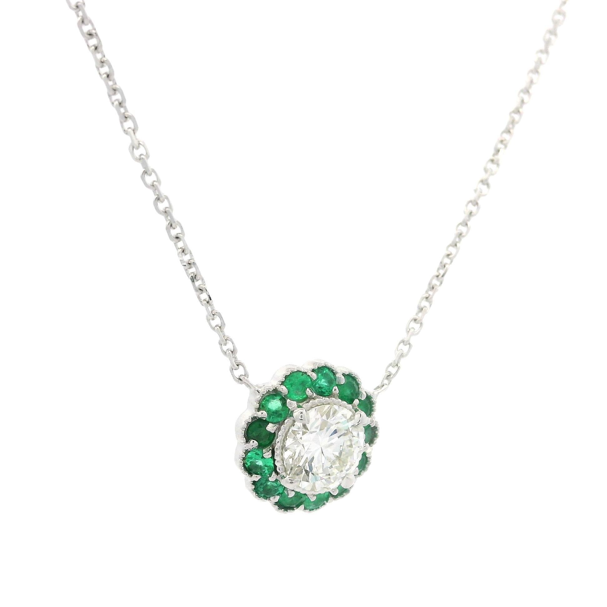 New White Gold GIA 0.78ctw Diamond w/ Green Emerald Flower Halo Pendant Necklace For Sale 4