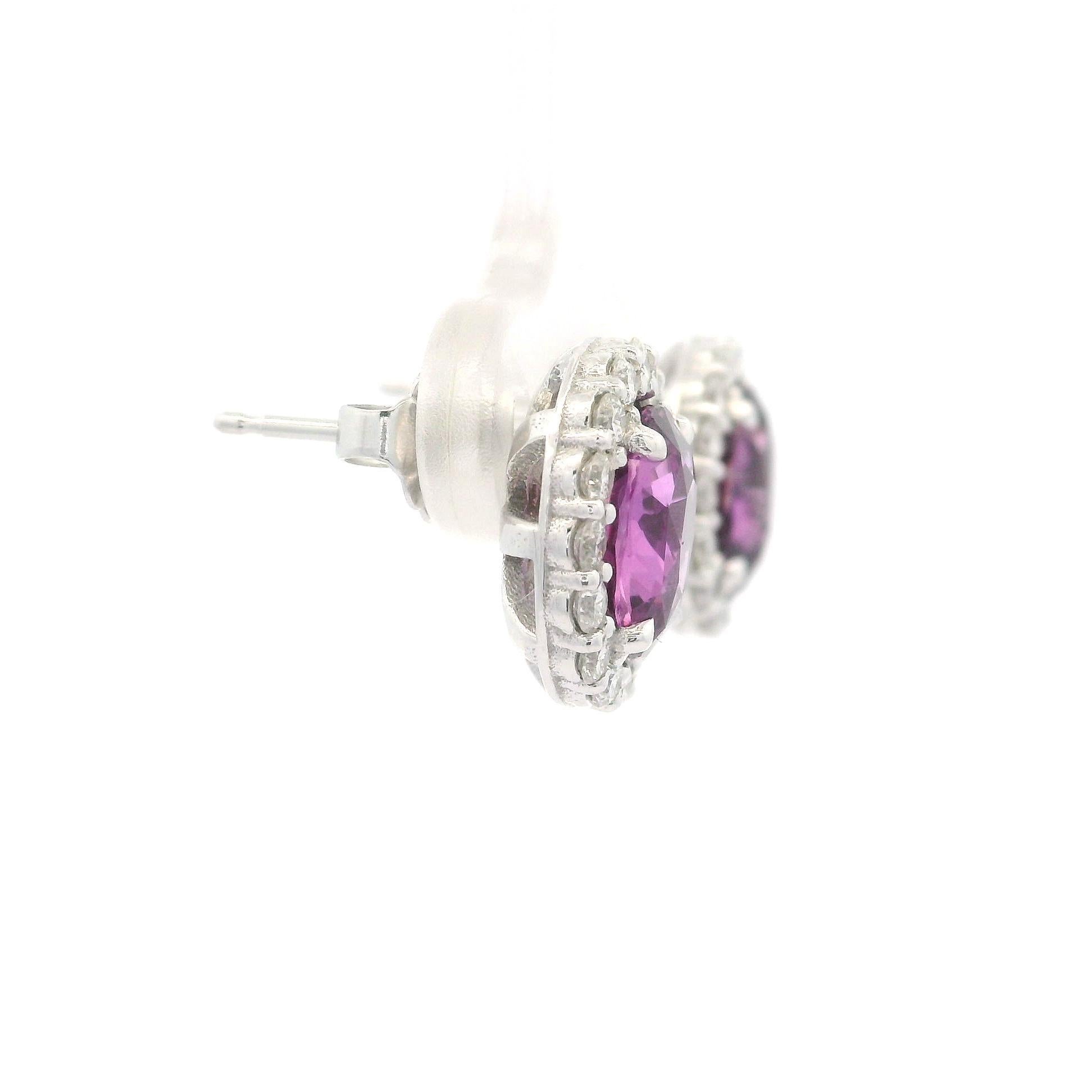 New White Gold GIA 4.75ctw Oval Pink Sapphire w/ Diamond Halo Stud Earrings For Sale 7