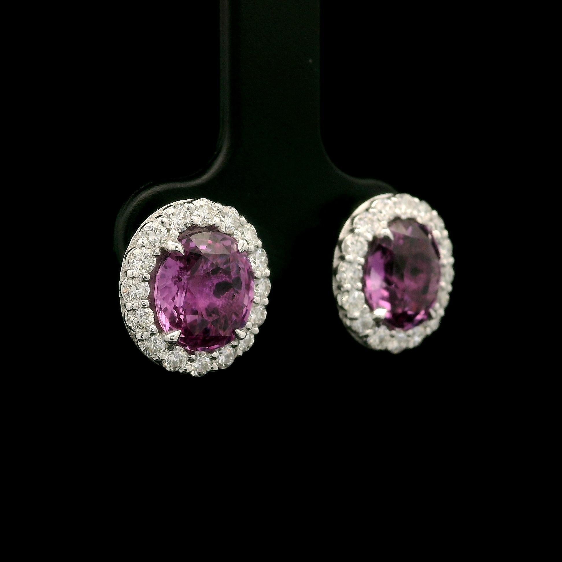 New White Gold GIA 4.75ctw Oval Pink Sapphire w/ Diamond Halo Stud Earrings For Sale 8