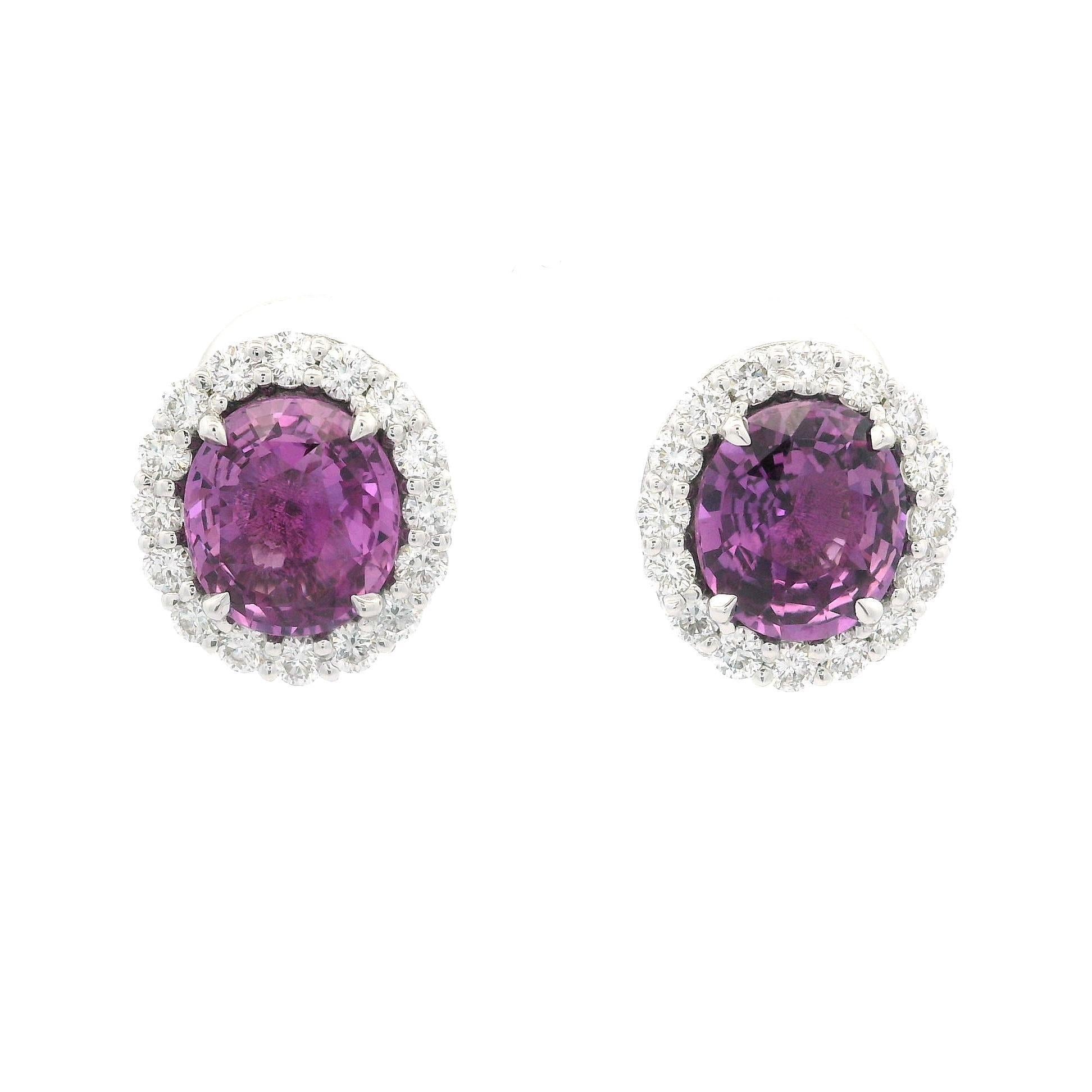 New White Gold GIA 4.75ctw Oval Pink Sapphire w/ Diamond Halo Stud Earrings For Sale 9