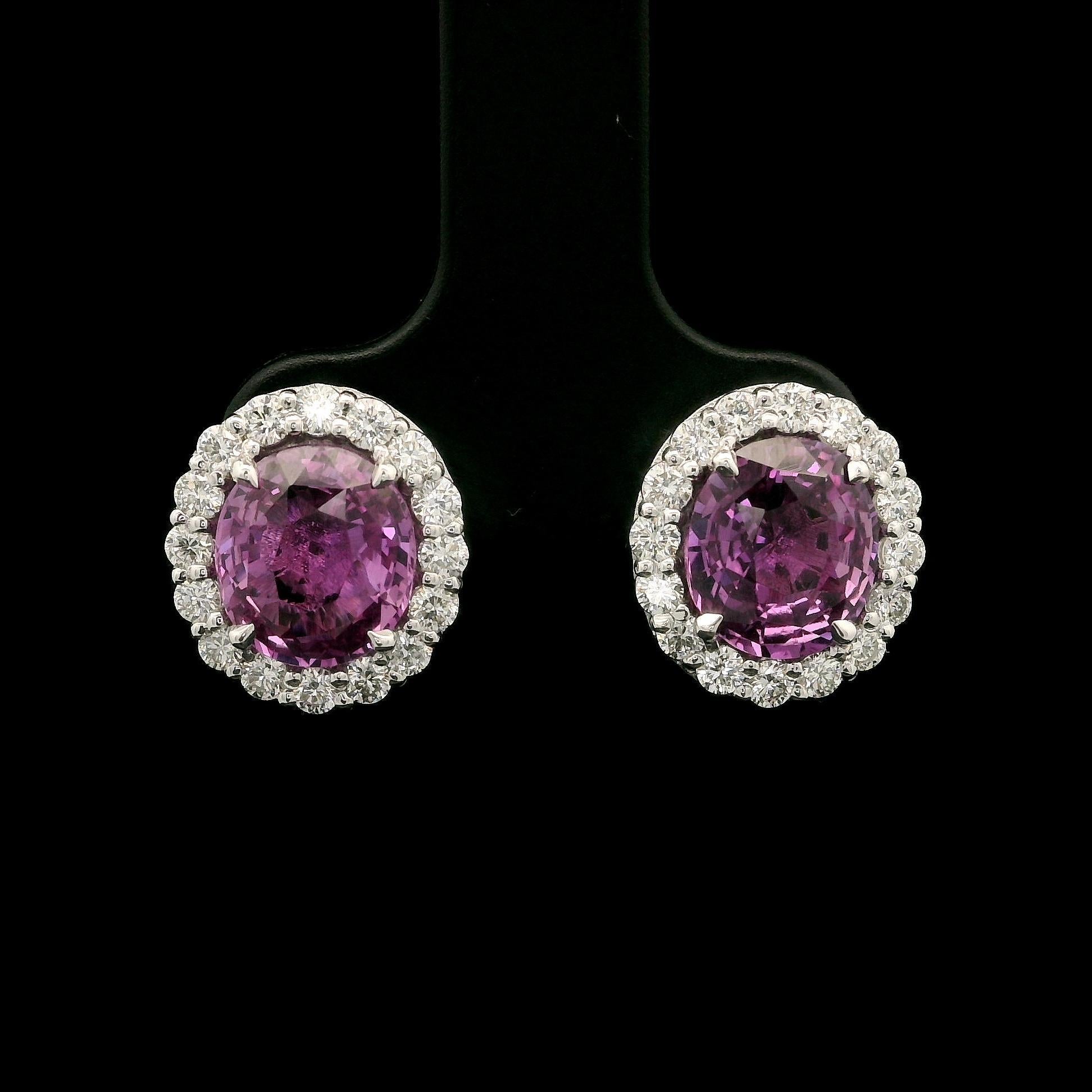 --Stone(s):--
(2) Natural Genuine Sapphires - Oval Brilliant Cut - Prong Set - Very Nice Pink Color - 4.05ctw (exact)
** See Certification Details Below for Complete Info on the Sapphires **
(32) Natural Genuine Diamonds - Round Brilliant Cut -