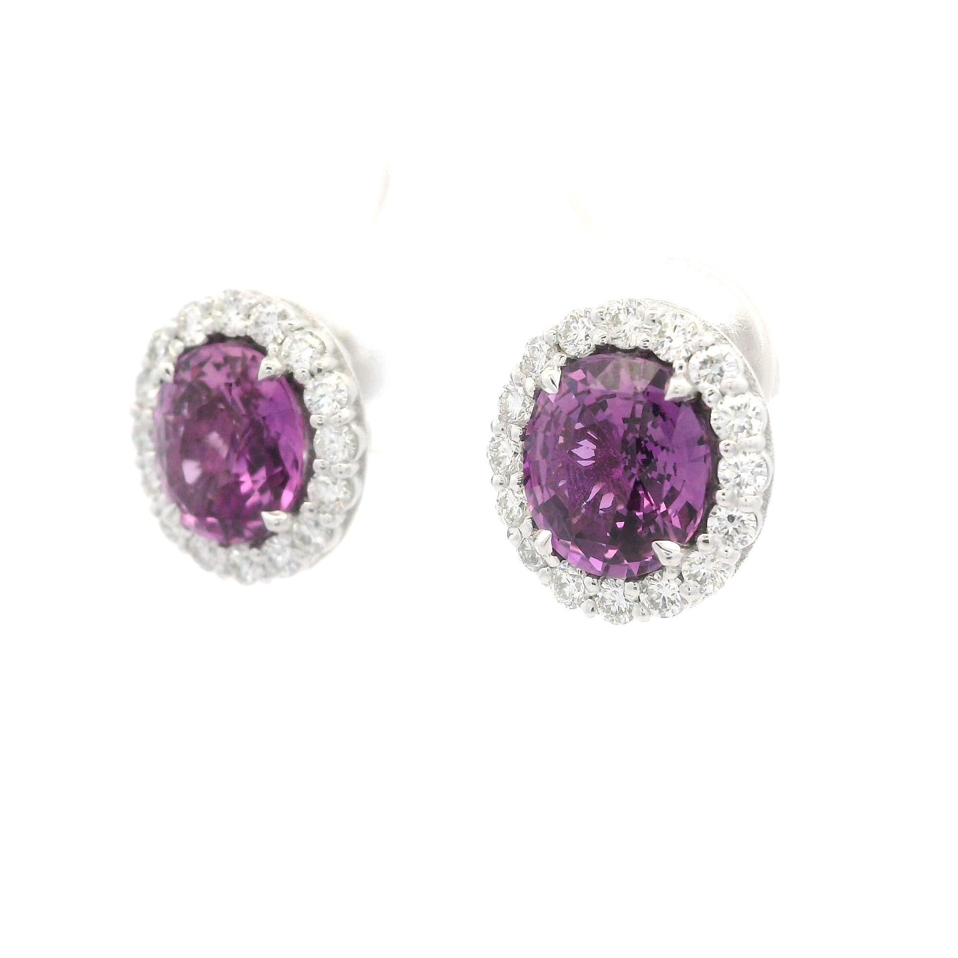 New White Gold GIA 4.75ctw Oval Pink Sapphire w/ Diamond Halo Stud Earrings For Sale 4