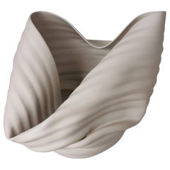 New, White Ribbed Collapsed Form, Vase, Interior Sculpture / Vessel, Objet D'Art