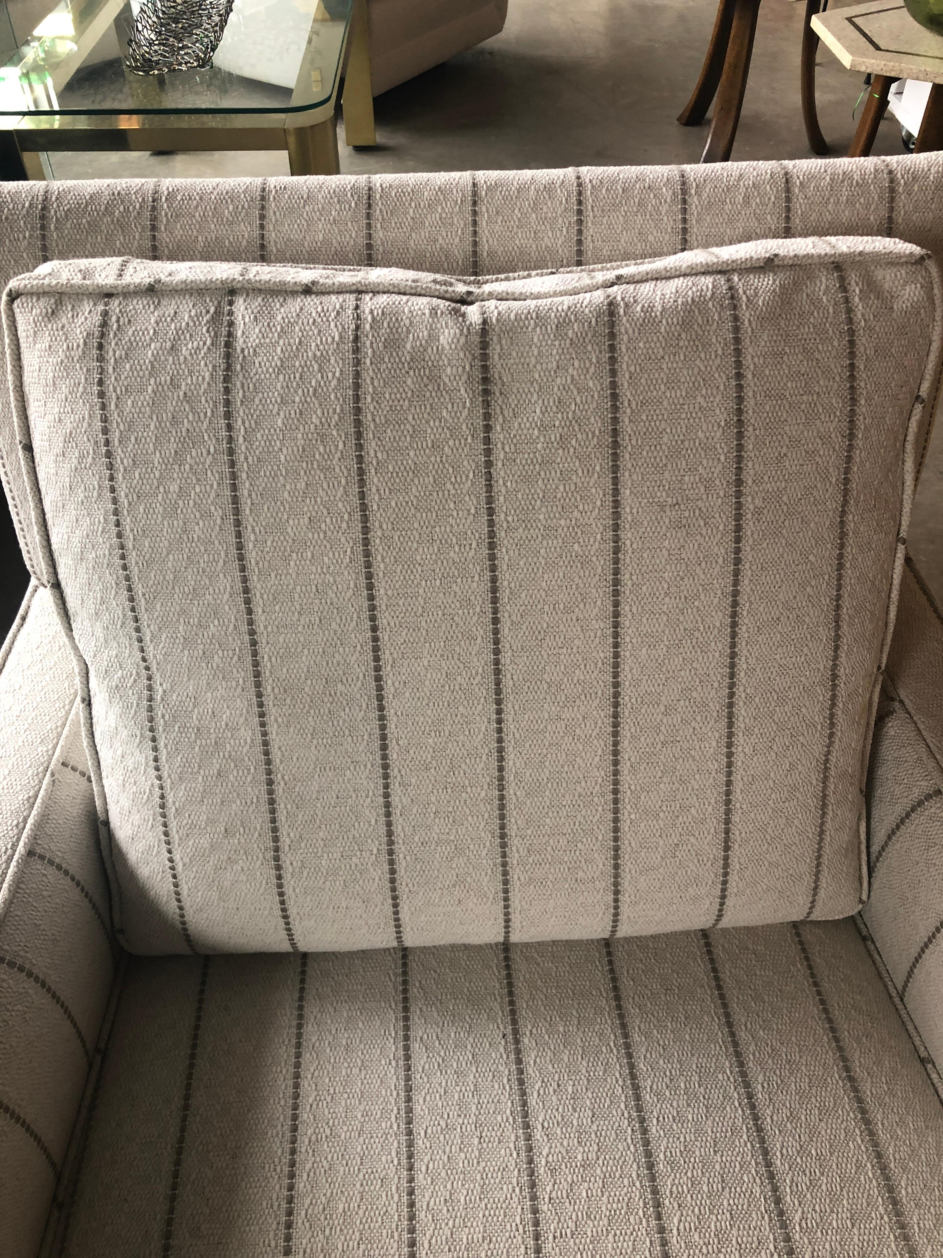 Paul McCobb Arm / Lounge Chair with Stool w/ White & Gray Stripe Upholstery For Sale 8