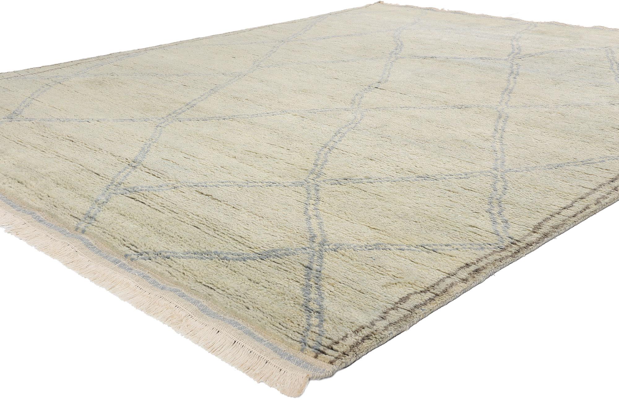 31204 New Desert Serenity Modern Moroccan Rug, 08'03 x 10'04. This hand knotted wool Desert Serenity Modern Moroccan rug embodies the tranquil essence of a desert at dawn, where the quiet beauty of nature is at its most profound. The soft, neutral